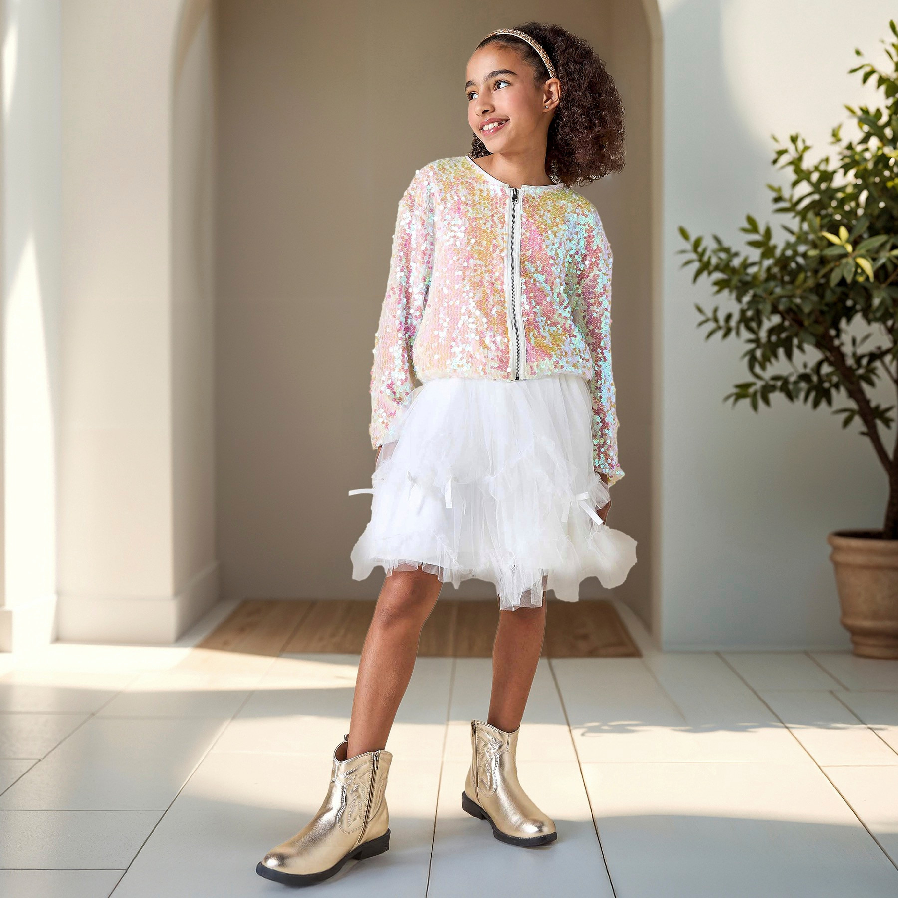 Juniors Sequin Embellished Jacket with Long Sleeves and Zip Closure-girls-clothing-winterwear-jacketsandcoats-image-2