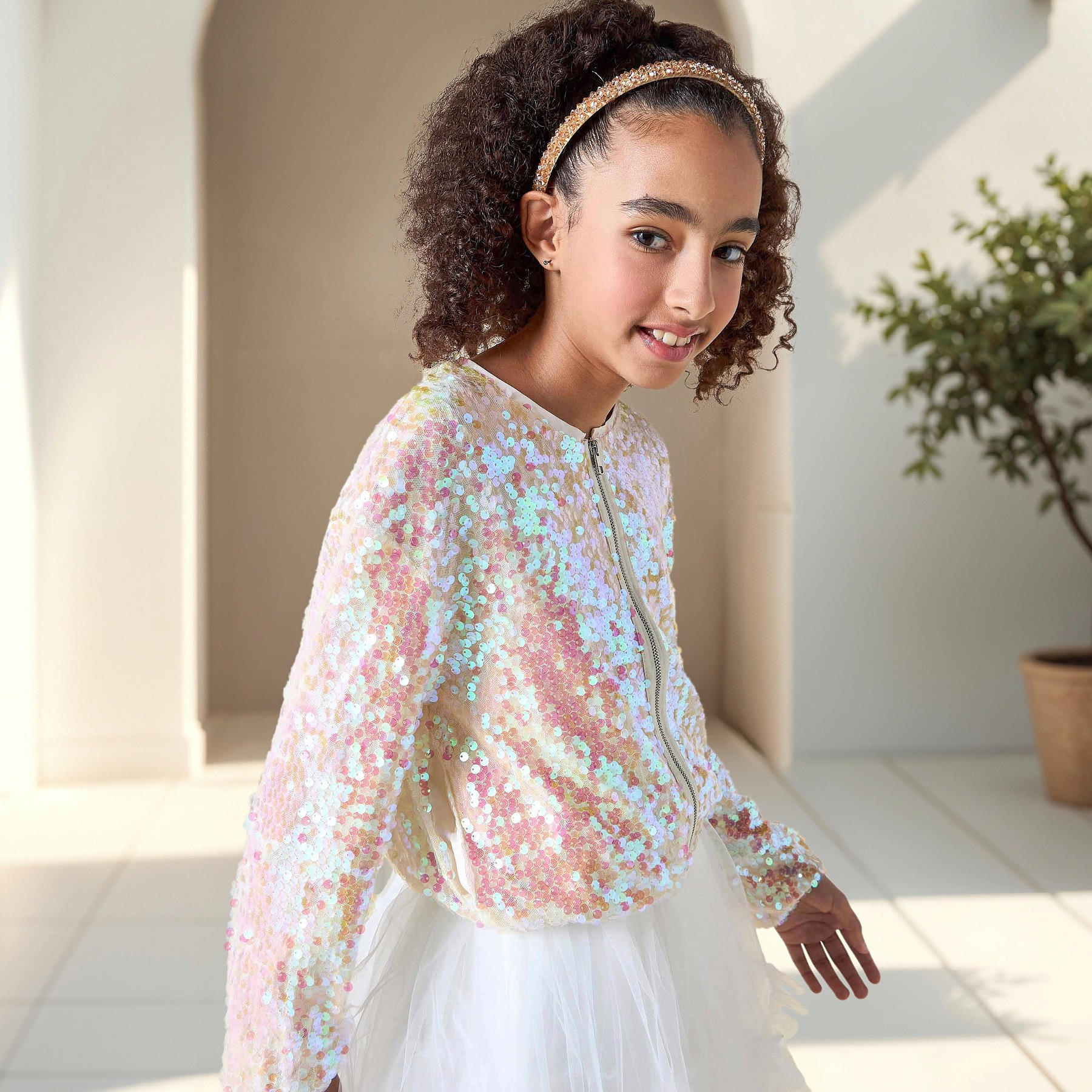 Juniors Sequin Embellished Jacket with Long Sleeves and Zip Closure-girls-clothing-winterwear-jacketsandcoats-image-5