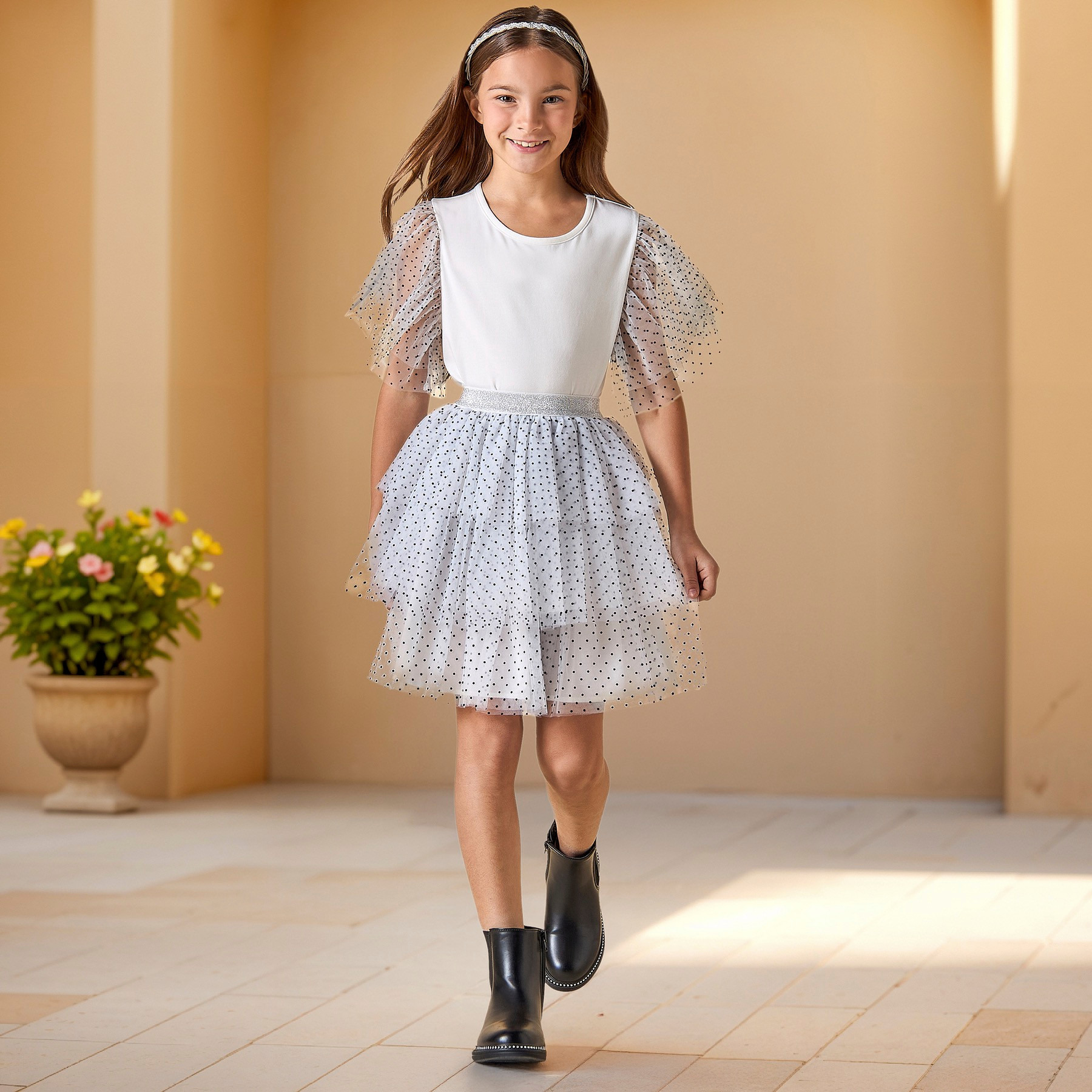 Juniors Polka Dot Print Ruffle Sleeves Top and Tiered Skirt Set-girls-clothing-setsandcoords-image-1