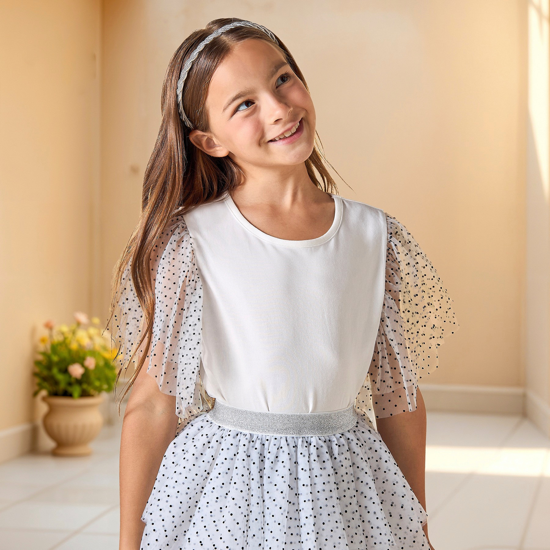 Juniors Polka Dot Print Ruffle Sleeves Top and Tiered Skirt Set-girls-clothing-setsandcoords-image-2