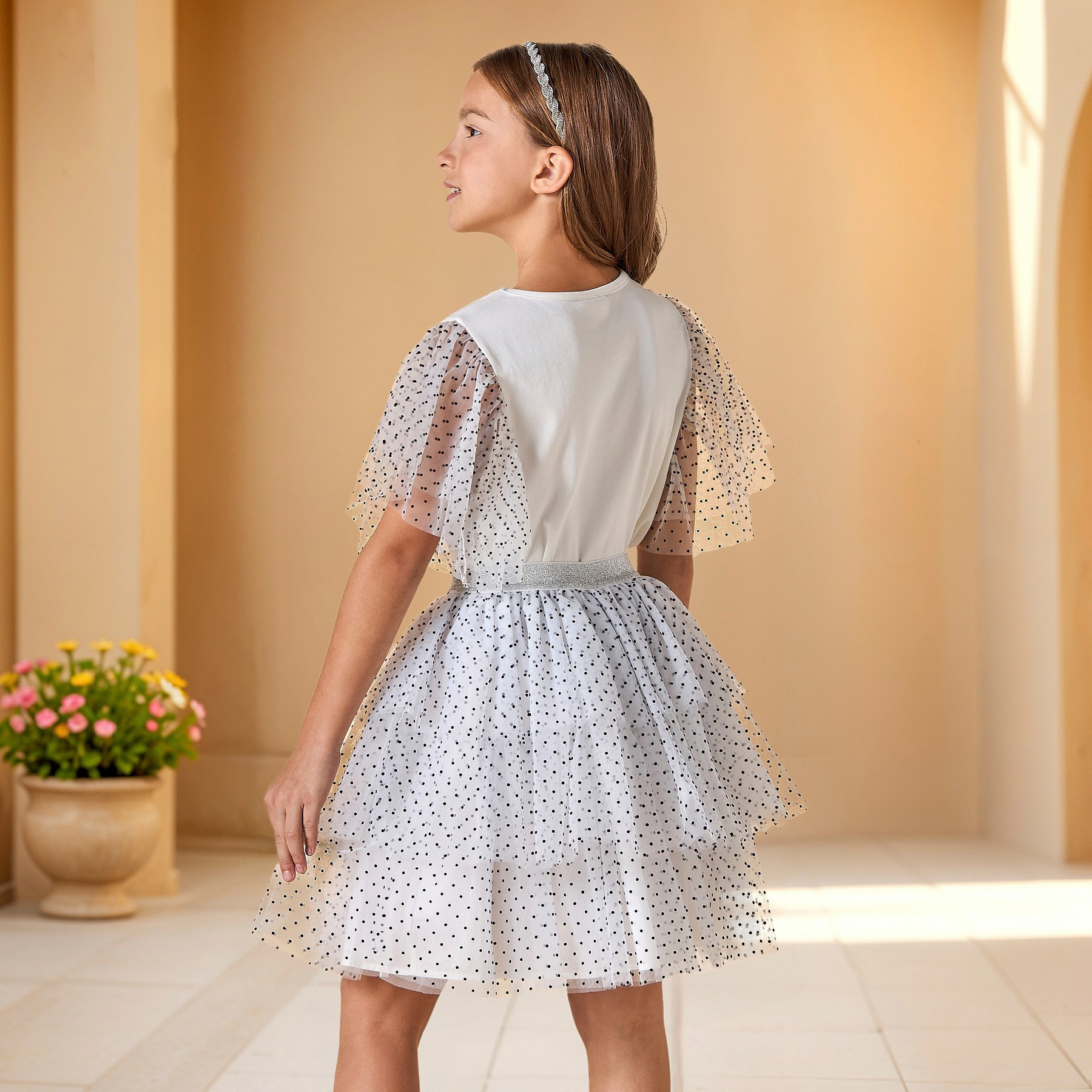 Juniors Polka Dot Print Ruffle Sleeves Top and Tiered Skirt Set-girls-clothing-setsandcoords-image-5