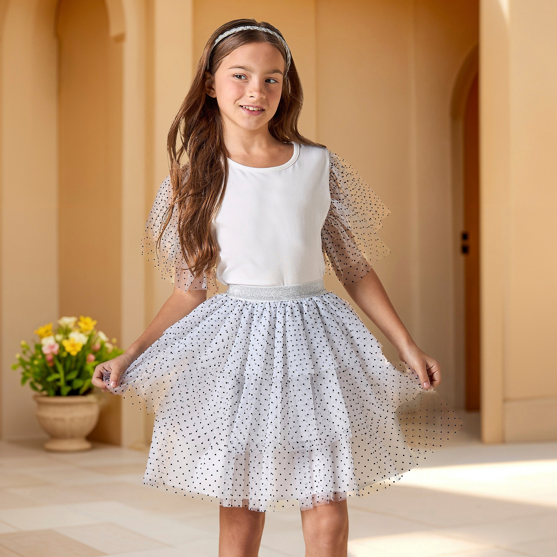 Juniors Polka Dot Print Ruffle Sleeves Top and Tiered Skirt Set-girls-clothing-setsandcoords-image-8