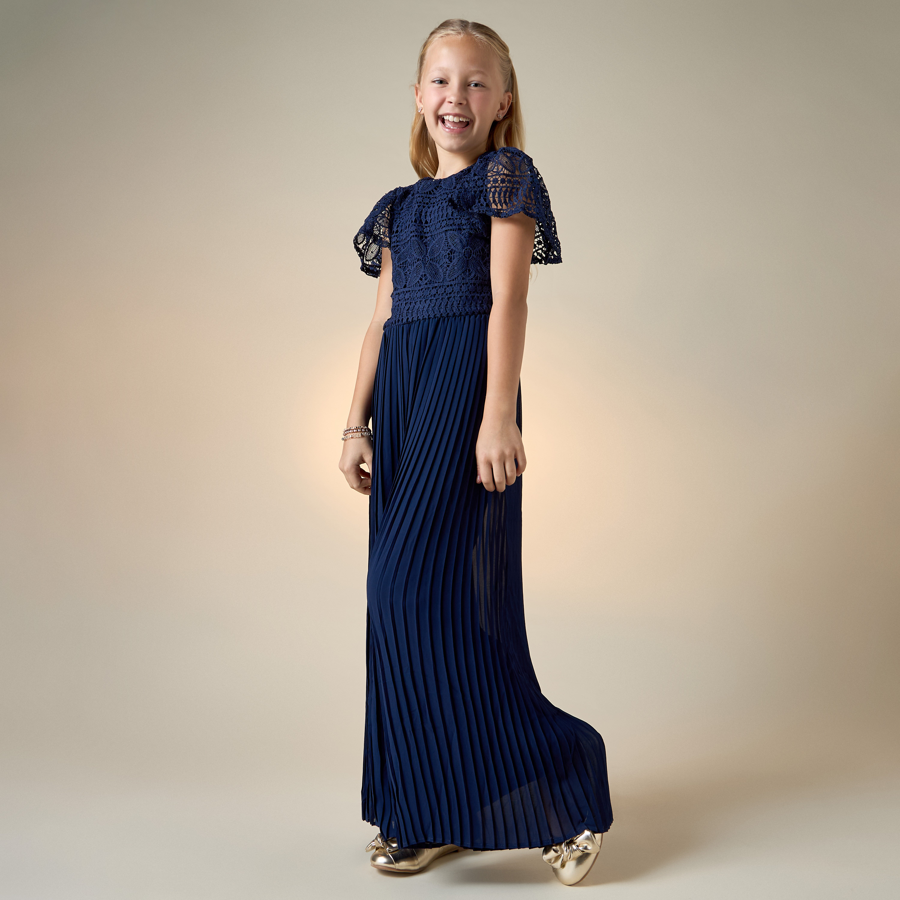 Juniors Laced Wide Leg Jumpsuit with Pleats and Round Neck-girls-clothing-dressesandjumpsuits-image-1