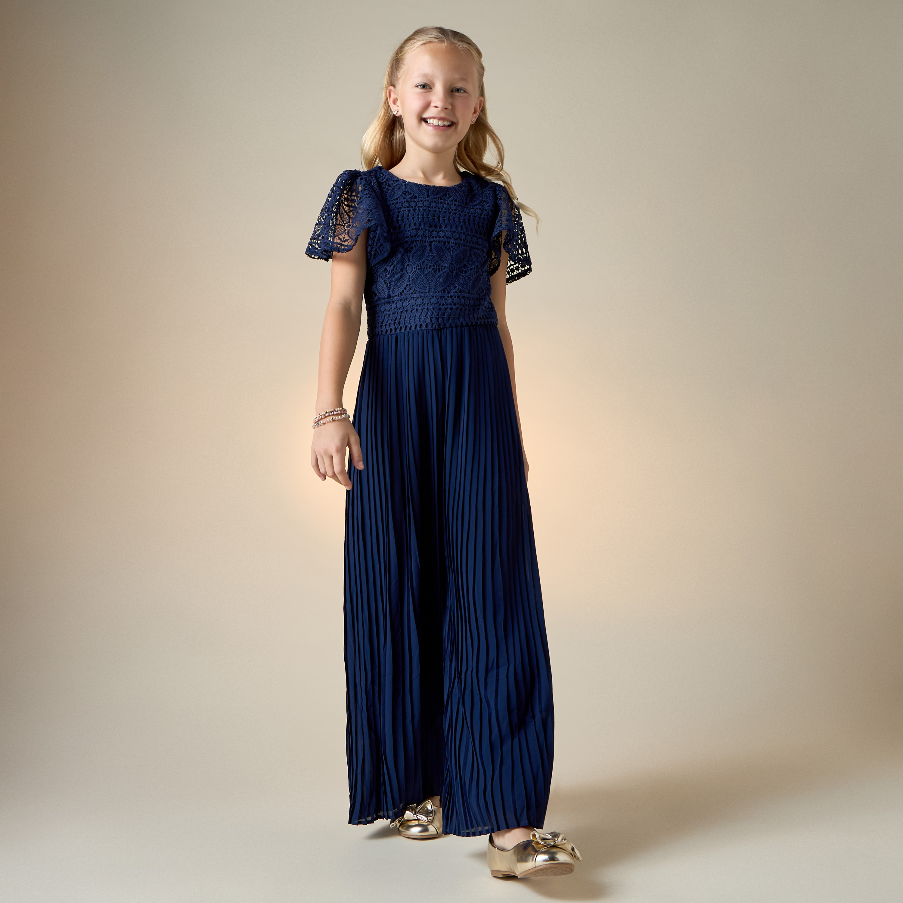 Juniors Laced Wide Leg Jumpsuit with Pleats and Round Neck-girls-clothing-dressesandjumpsuits-image-2