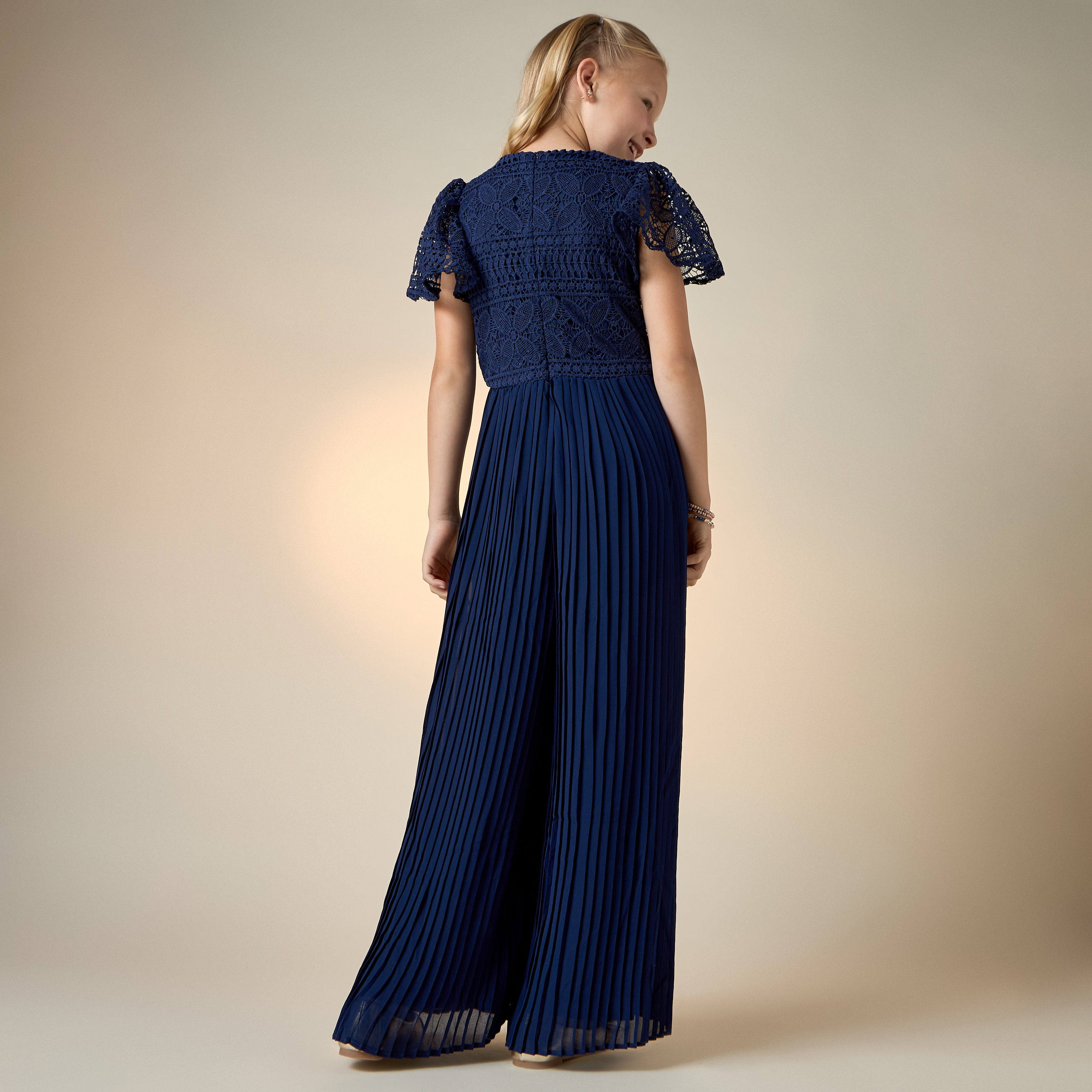 Juniors Laced Wide Leg Jumpsuit with Pleats and Round Neck-girls-clothing-dressesandjumpsuits-image-3