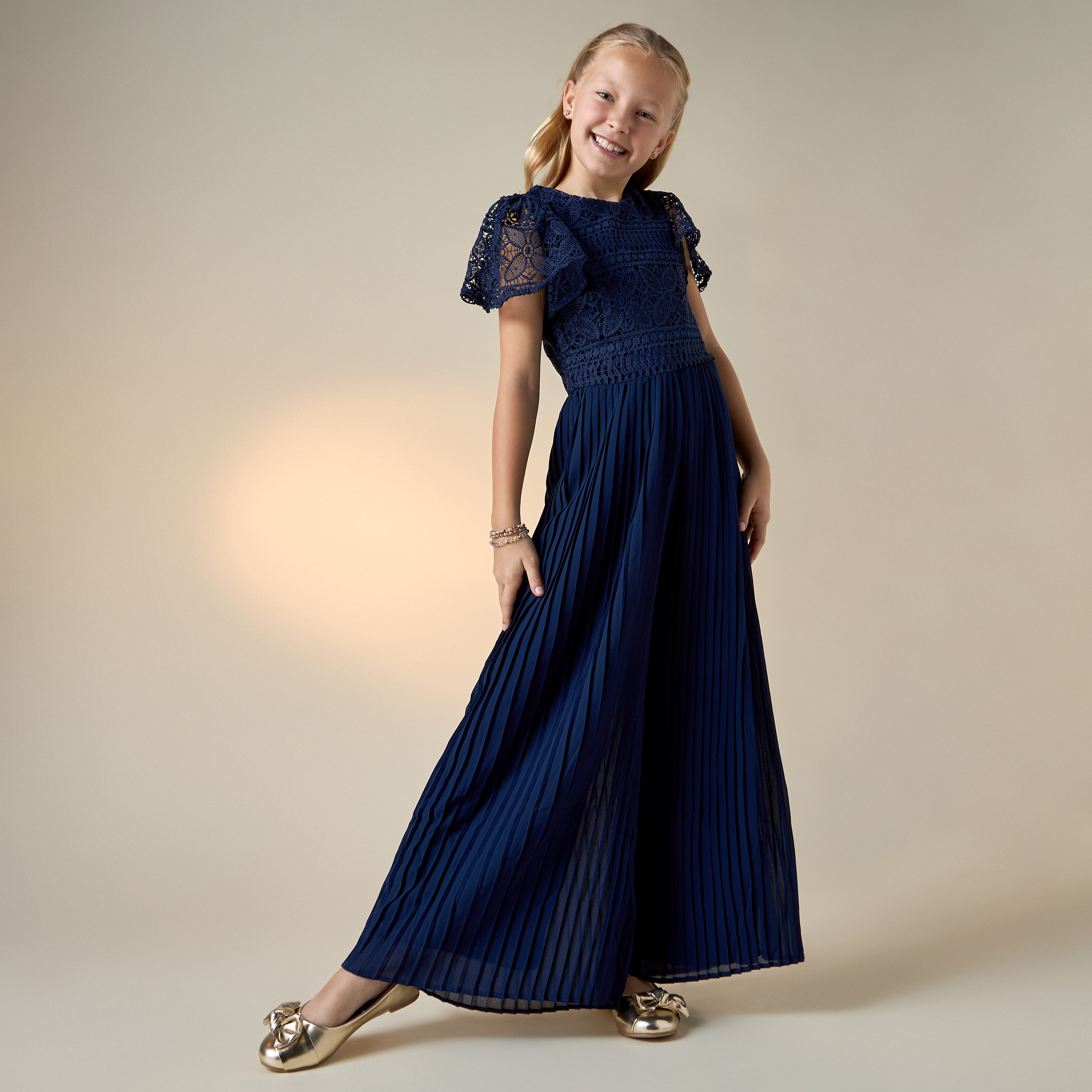 Juniors Laced Wide Leg Jumpsuit with Pleats and Round Neck-girls-clothing-dressesandjumpsuits-image-6