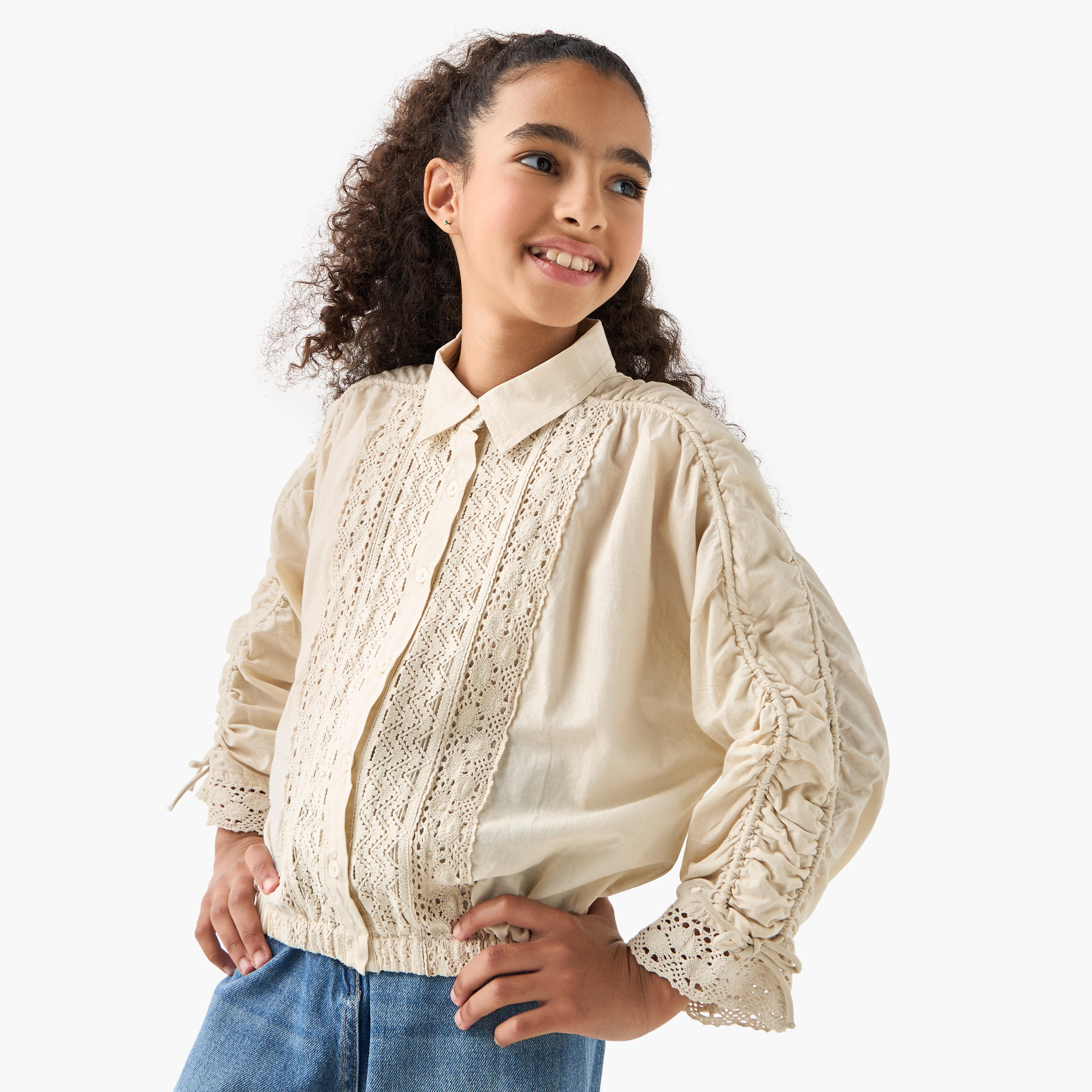 Eligo Crochet Detail Collared Shirt with Long Sleeves-girls-clothing-blousesandshirts-image-1