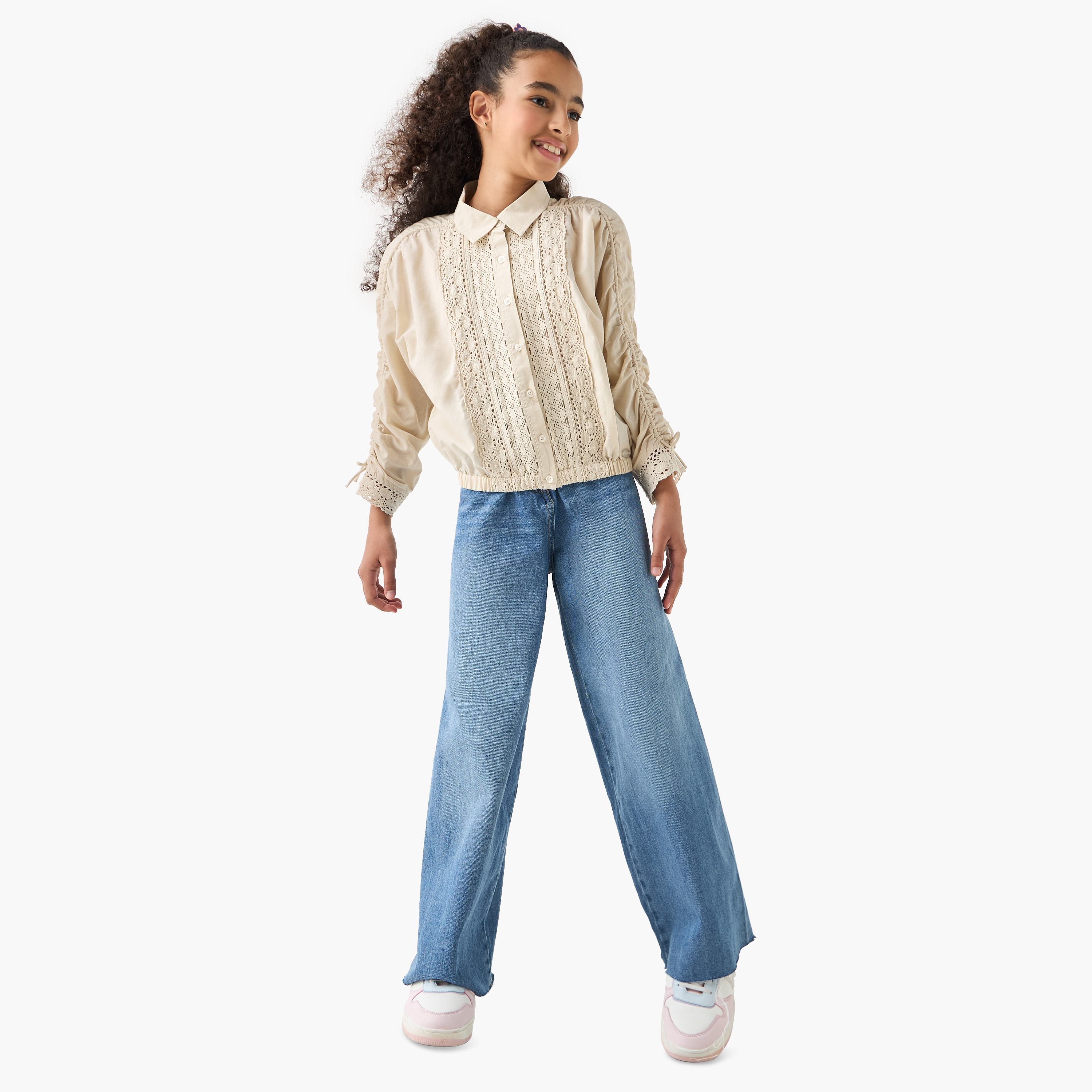 Eligo Crochet Detail Collared Shirt with Long Sleeves-girls-clothing-blousesandshirts-image-2