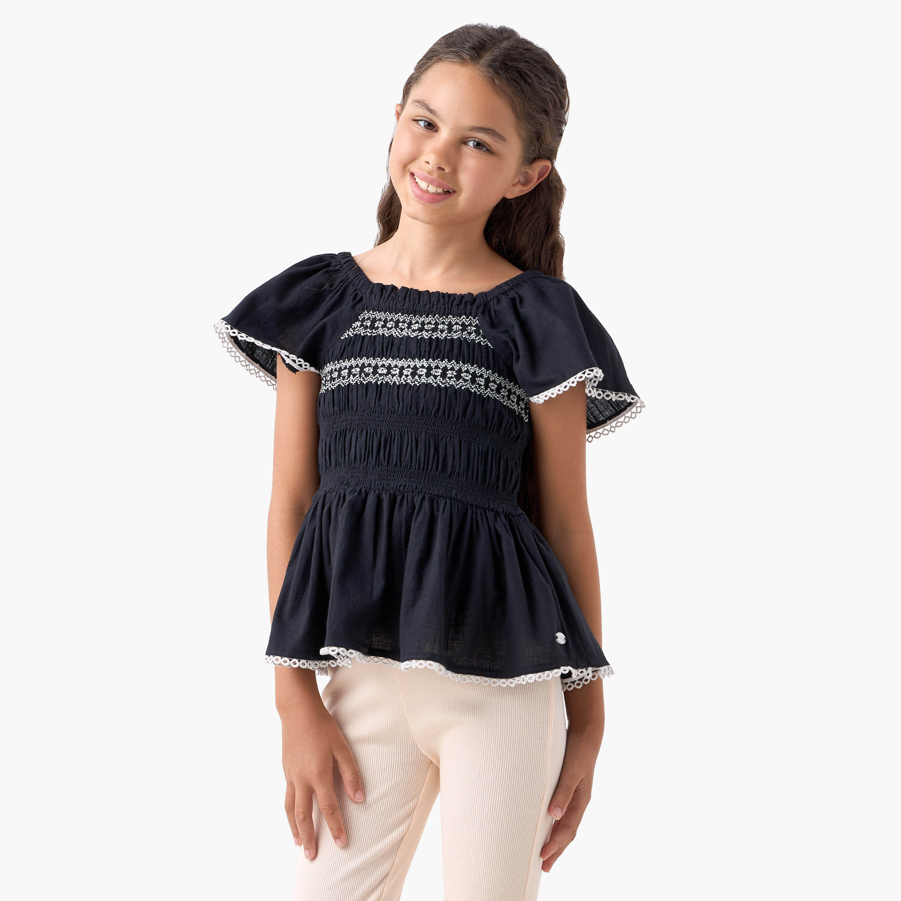 بلوزة مطرزة بياقة مربعة وأكمام قصيرة من إليجو-girls-clothing-blousesandshirts-image-5