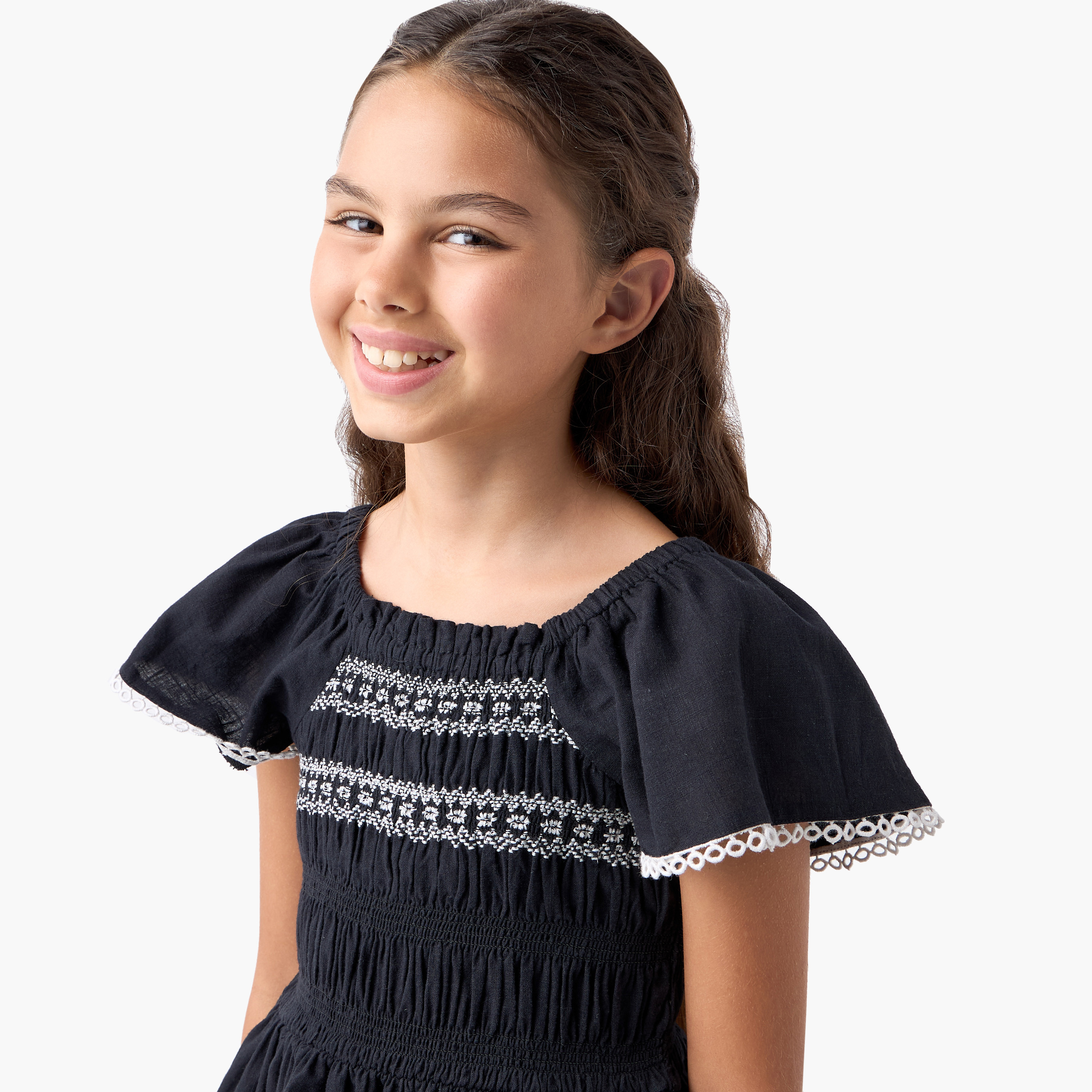 بلوزة مطرزة بياقة مربعة وأكمام قصيرة من إليجو-girls-clothing-blousesandshirts-image-2