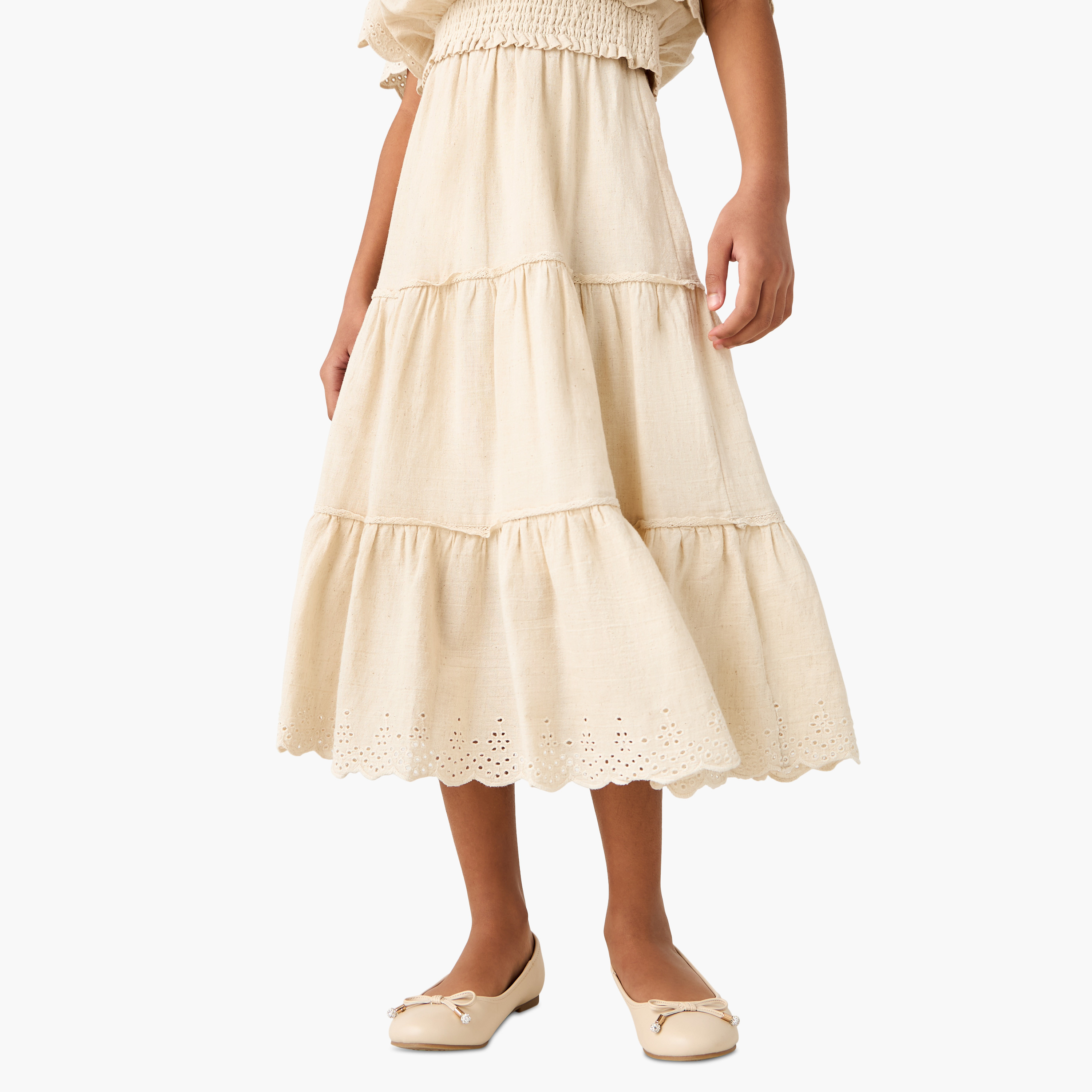 Eligo Schiffli Textured Tiered Skirt with Elasticated Waistband-girls-clothing-bottoms-skirts-image-1