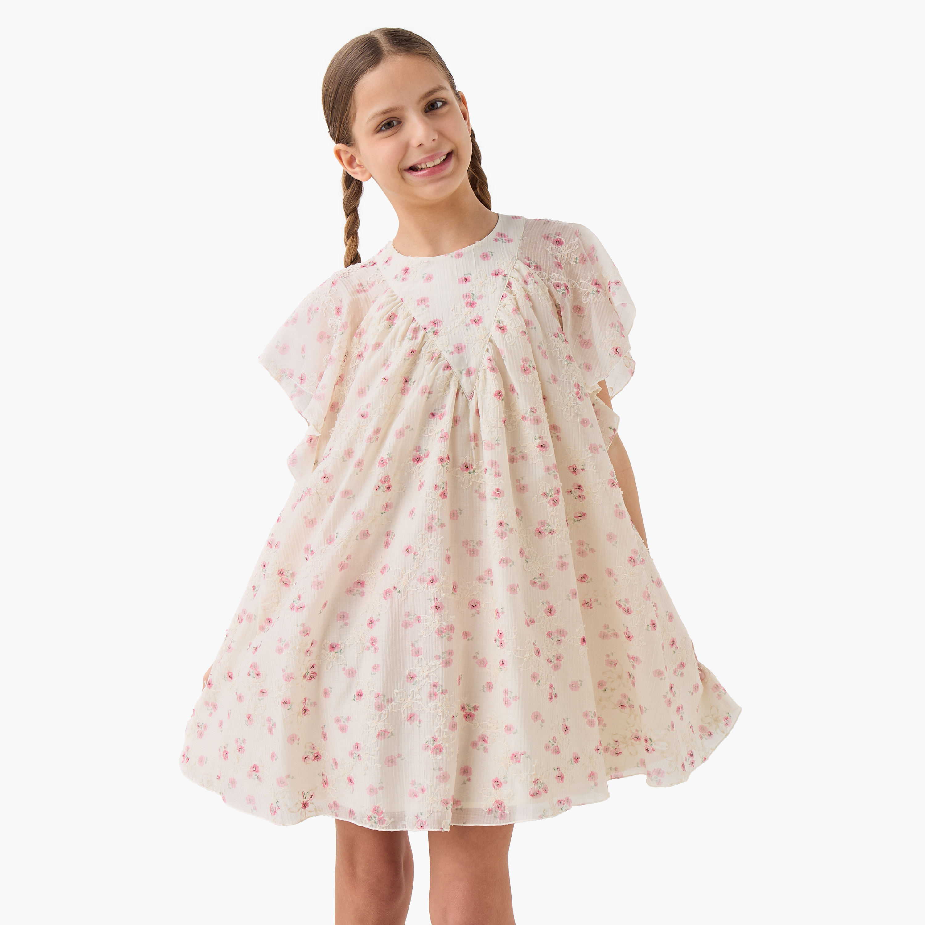 فستان بطبعات أزهار وياقة مستديرة وأكمام واسعة من إليجو-girls-clothing-dressesandjumpsuits-image-1