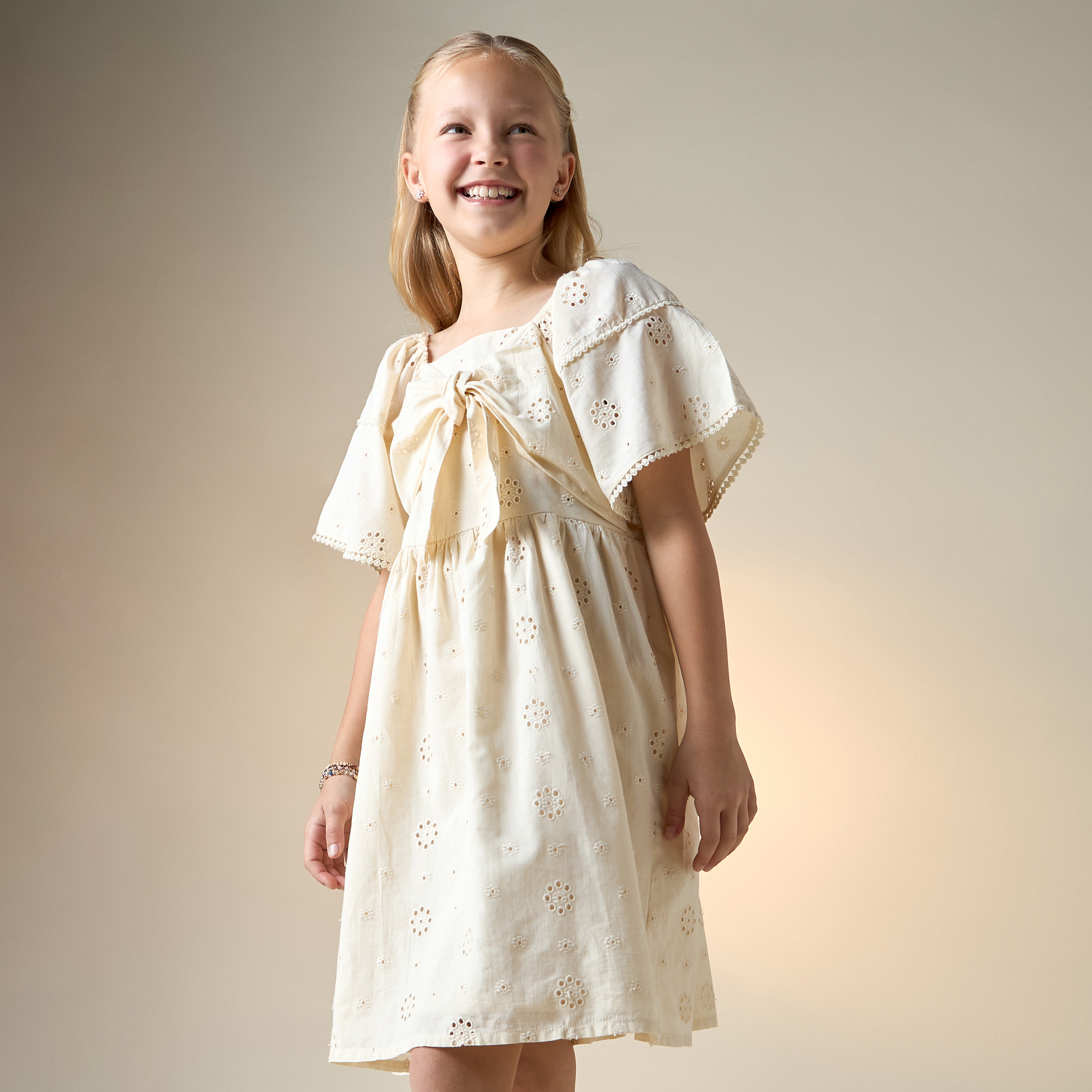 Eligo Schiffli Dress with Bow Detail and Short Sleeves-girls-clothing-dressesandjumpsuits-image-1