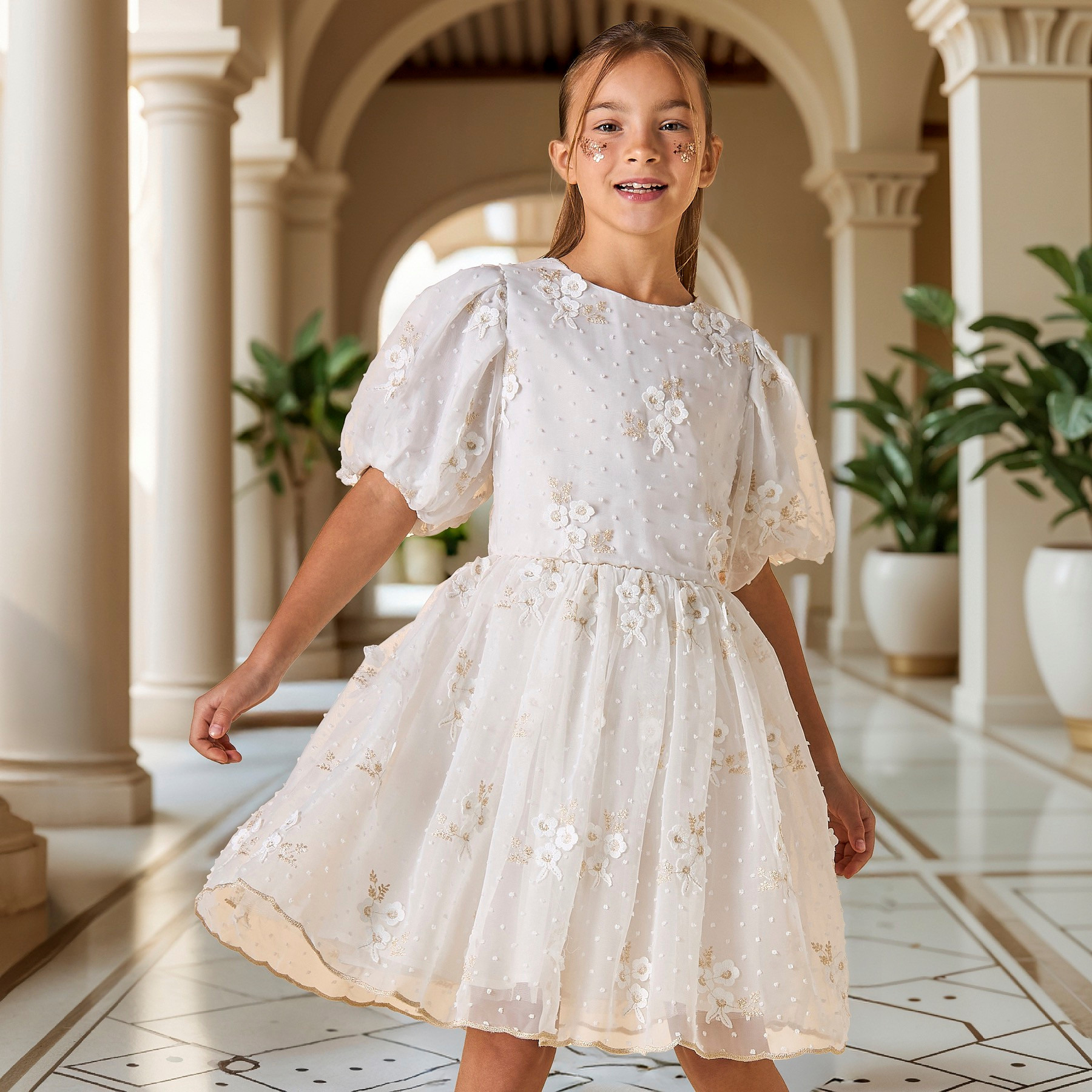 Eligo Embroidered A-Line Dress with Puff Sleeves-girls-clothing-dressesandjumpsuits-image-1