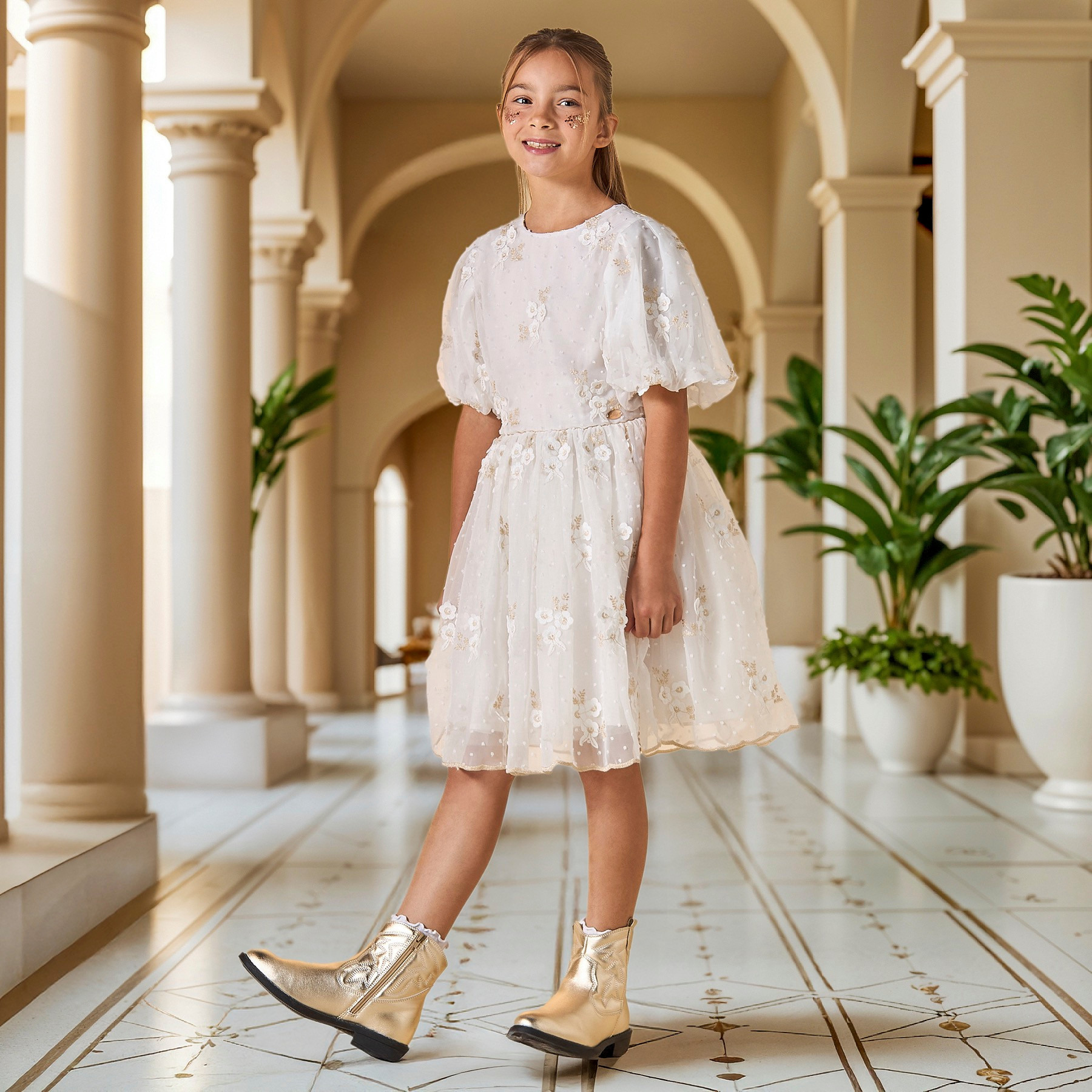 Eligo Embroidered A-Line Dress with Puff Sleeves-girls-clothing-dressesandjumpsuits-image-2