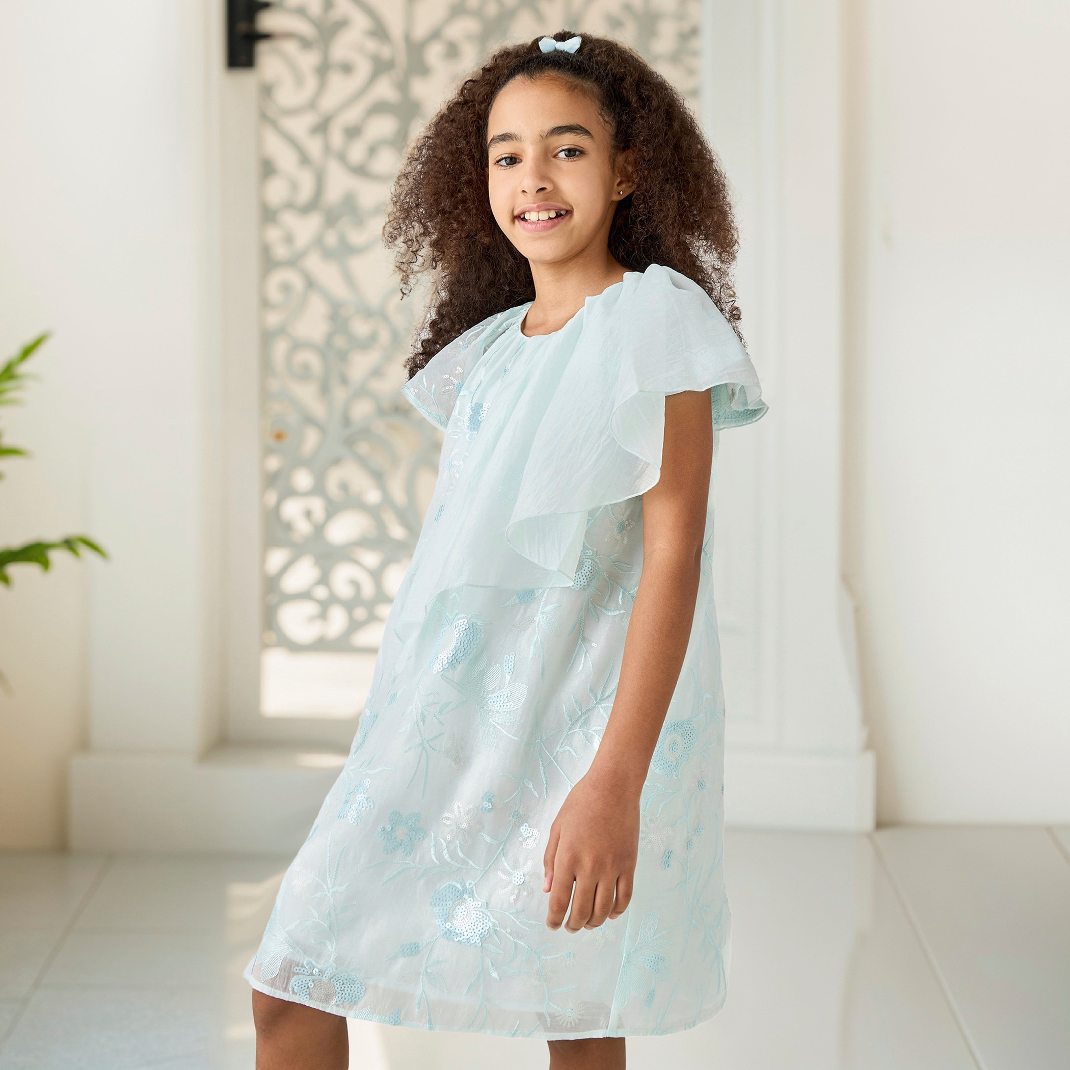 Eligo All-Over Embellished Dress with Ruffles and Round Neck-girls-clothing-dressesandjumpsuits-image-1