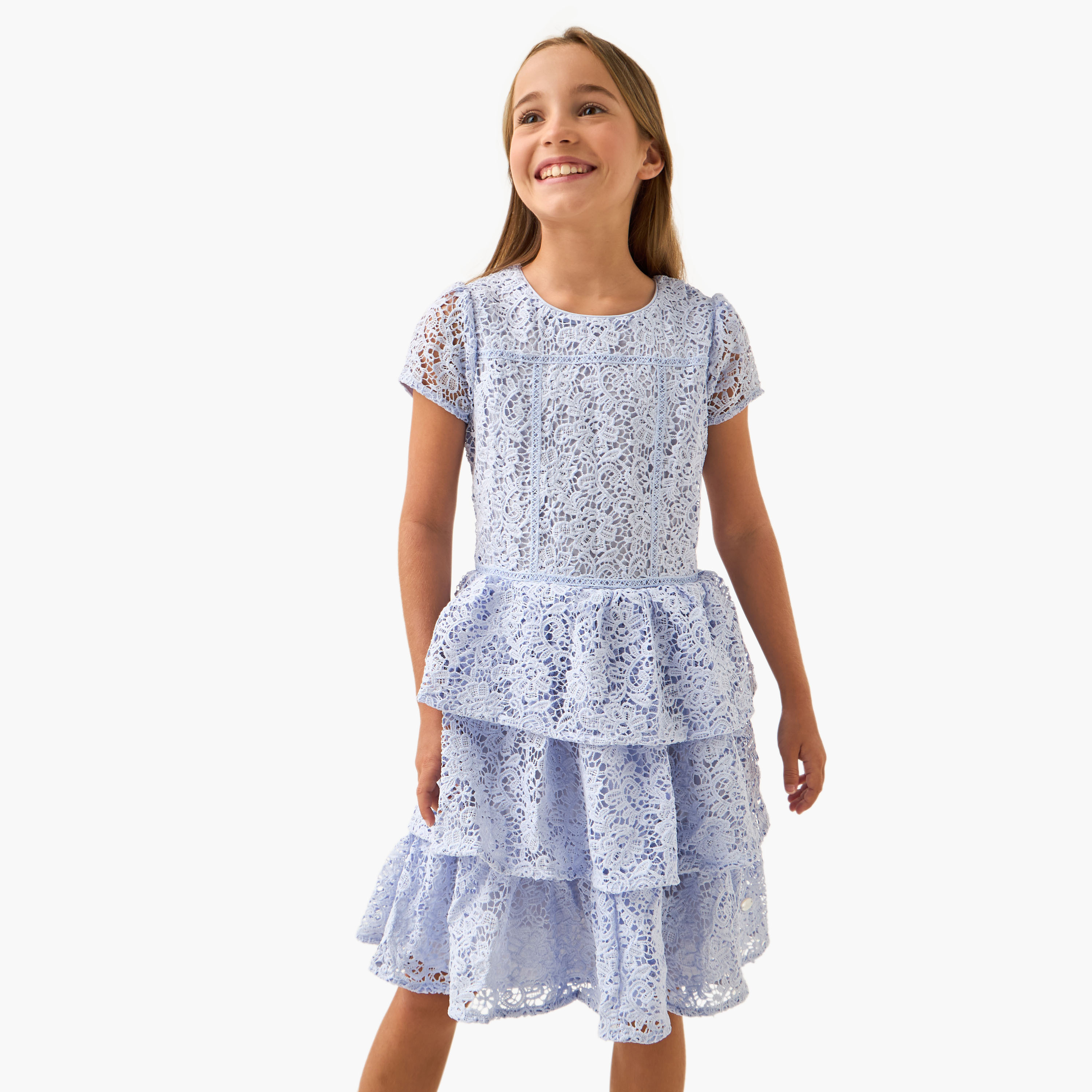 Eligo Lace Detail Tiered Dress with Short Sleeves and Zip Closure-girls-clothing-dressesandjumpsuits-image-1