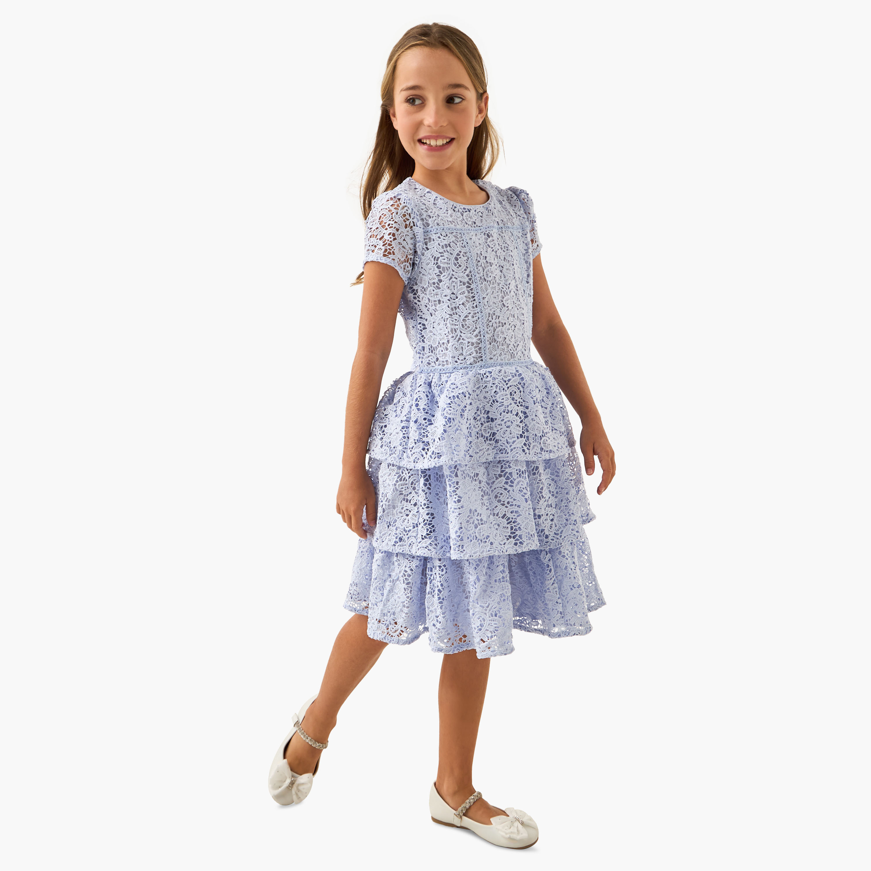 Eligo Lace Detail Tiered Dress with Short Sleeves and Zip Closure-girls-clothing-dressesandjumpsuits-image-2