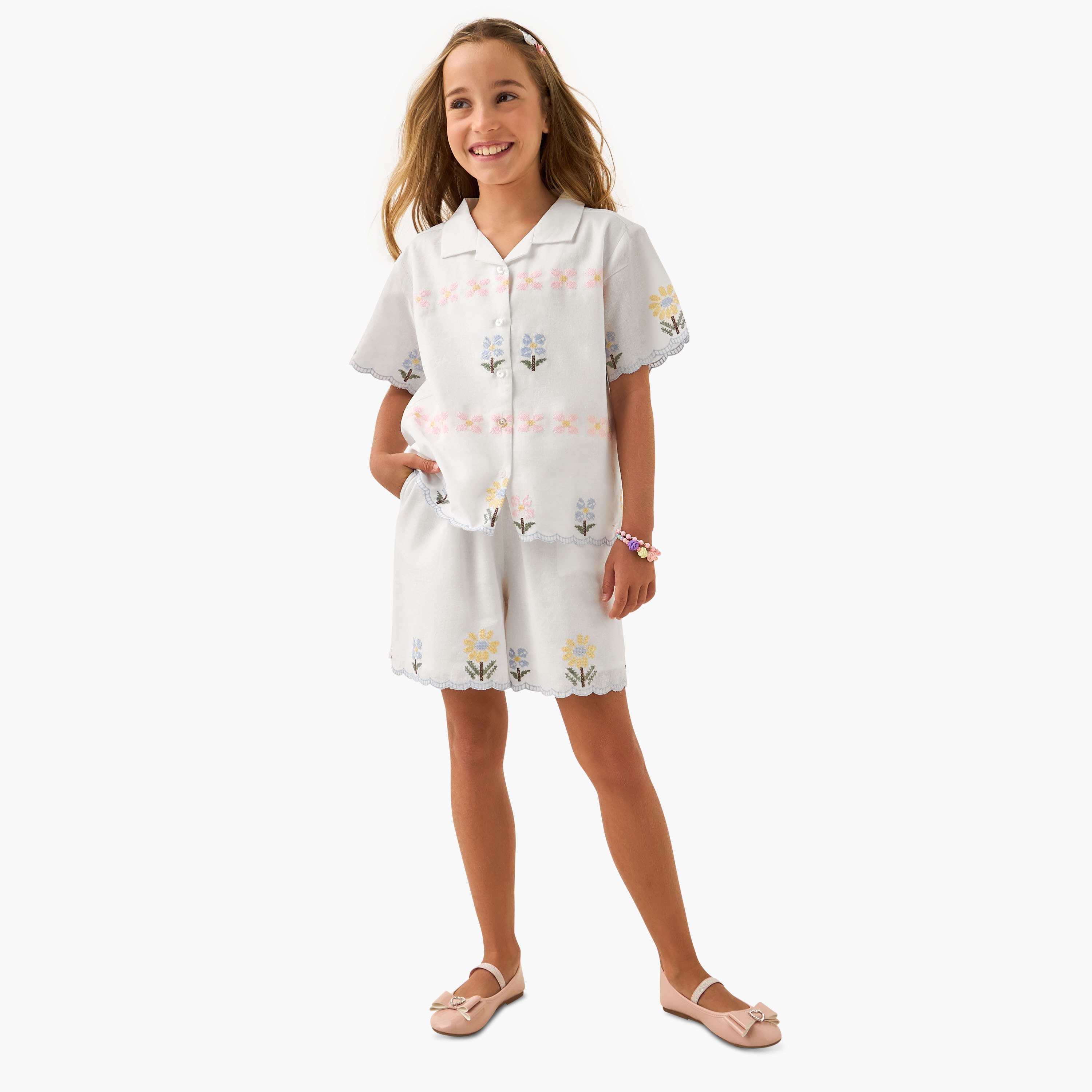 Eligo Embroidered Camp Collar Shirt and Shorts Set-girls-clothing-setsandcoords-image-1