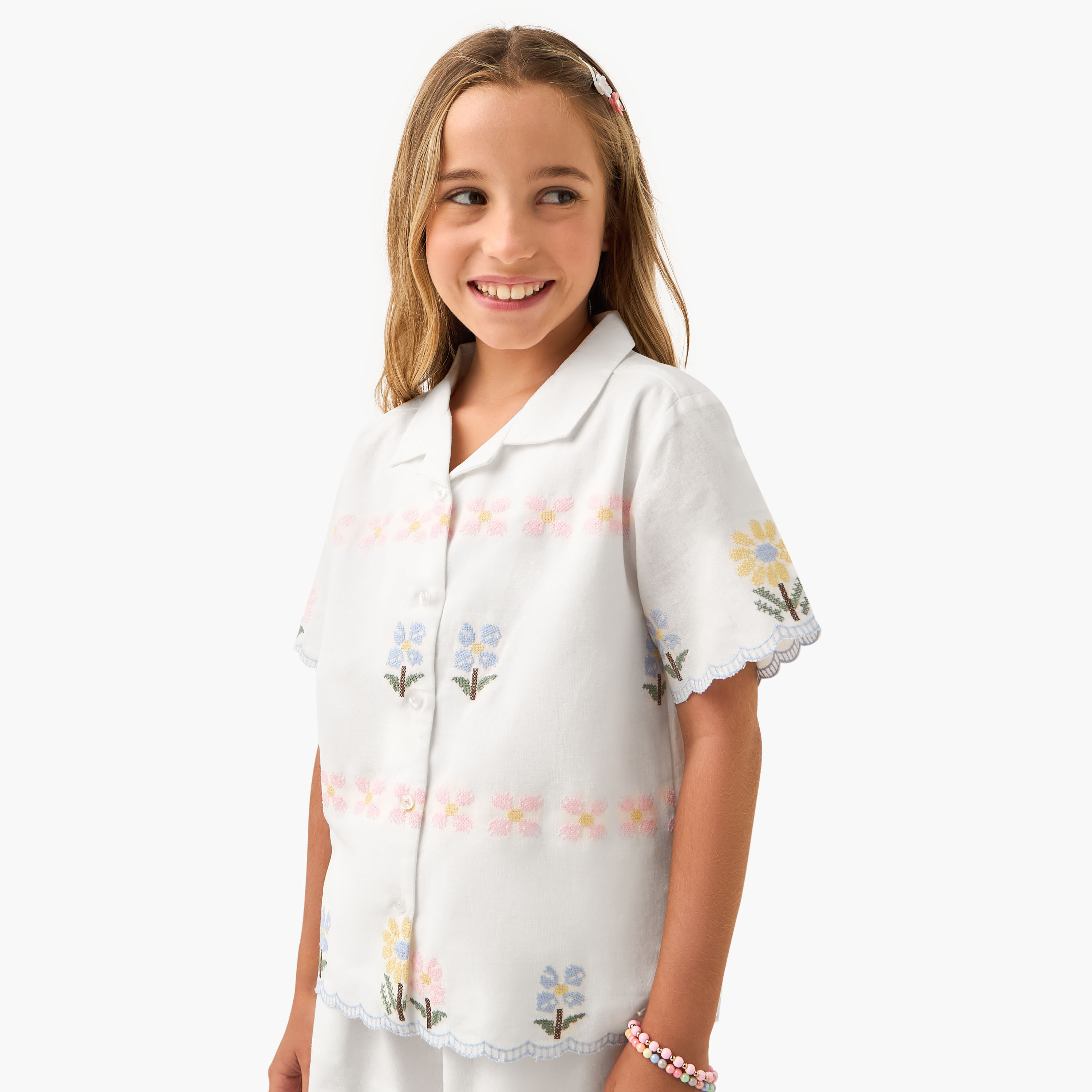 Eligo Embroidered Camp Collar Shirt and Shorts Set-girls-clothing-setsandcoords-image-2