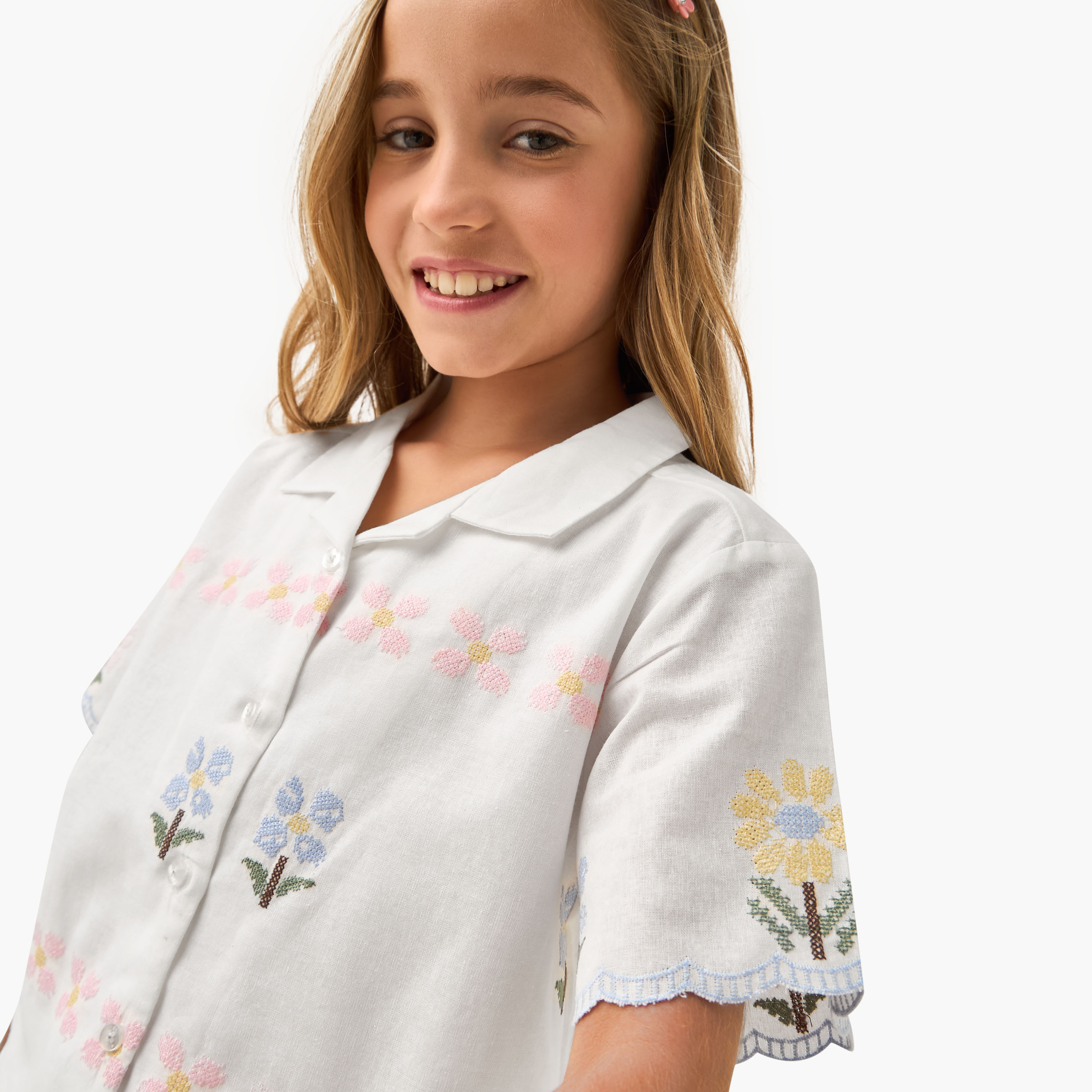 Eligo Embroidered Camp Collar Shirt and Shorts Set-girls-clothing-setsandcoords-image-5