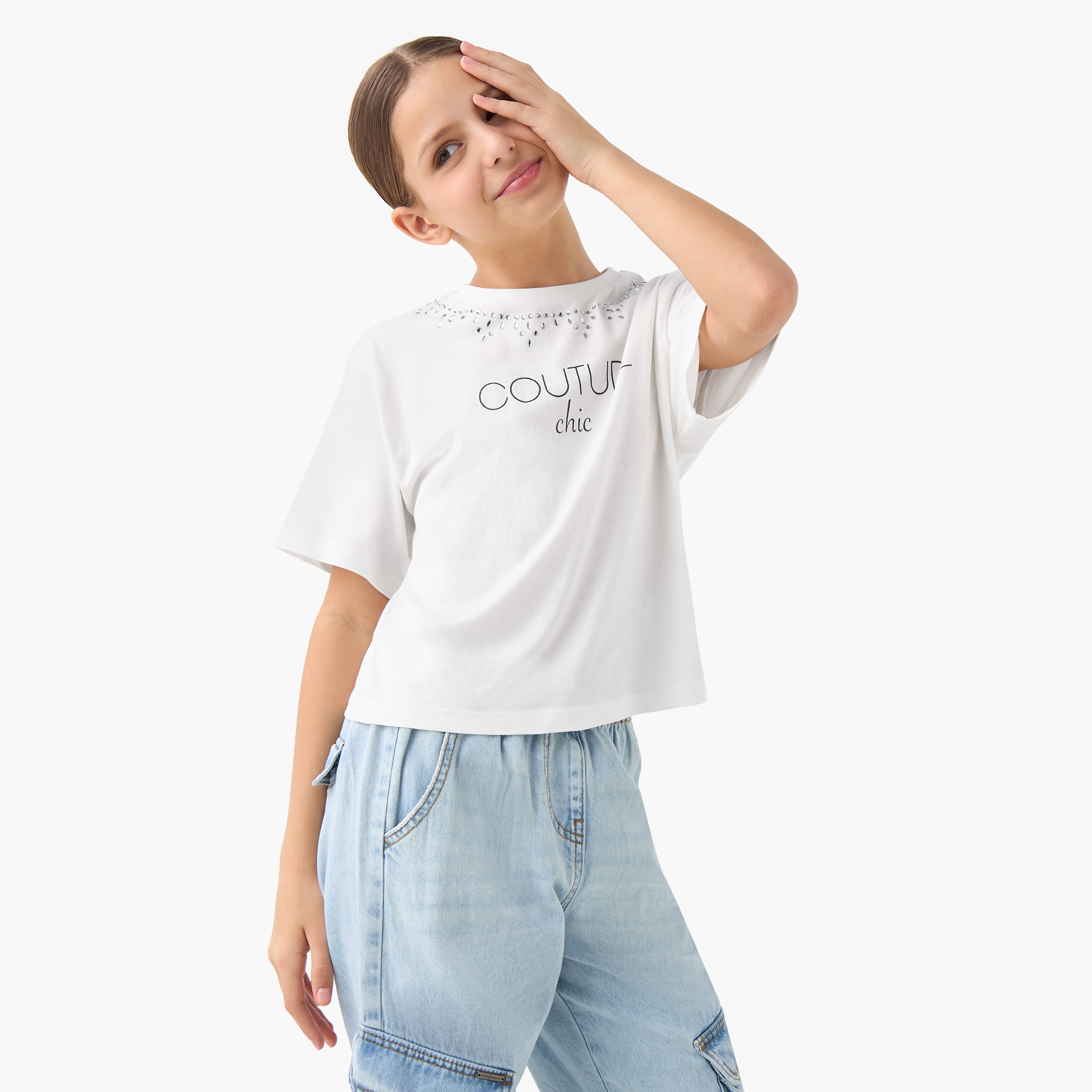 Lee Cooper Embellished Crew Neck T-shirt with Short Sleeves-girls-clothing-tshirts-image-1