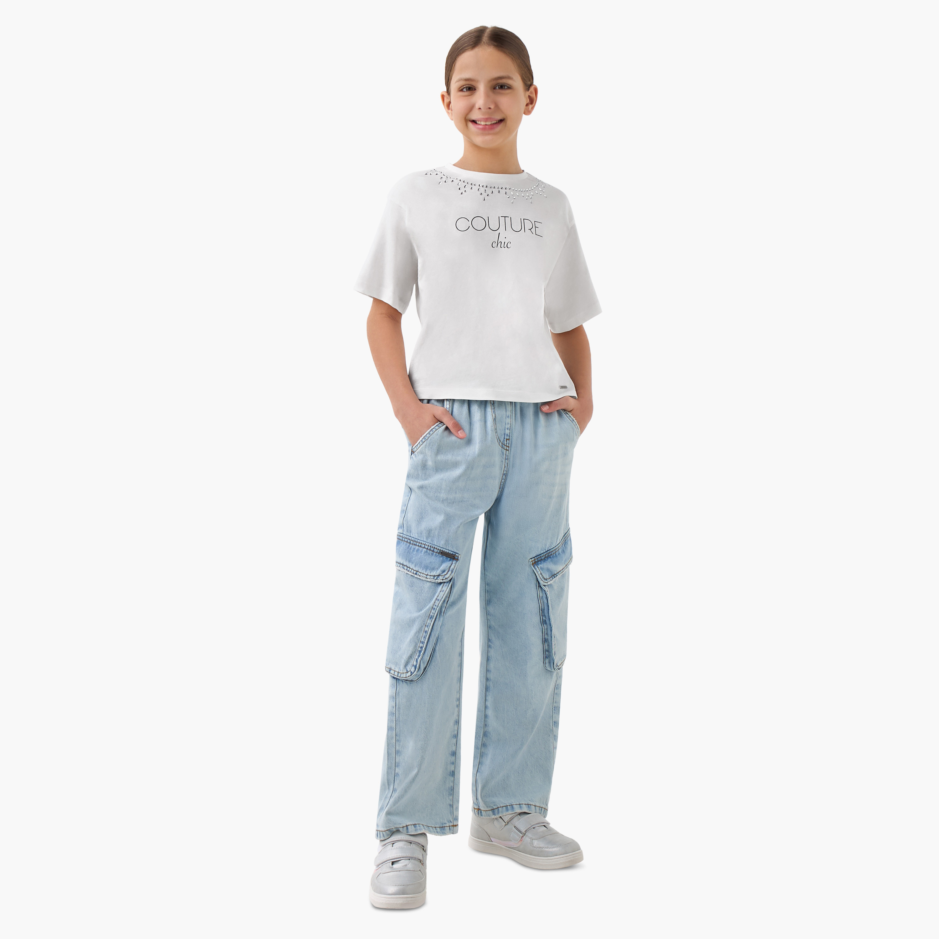 Lee Cooper Embellished Crew Neck T-shirt with Short Sleeves-girls-clothing-tshirts-image-2