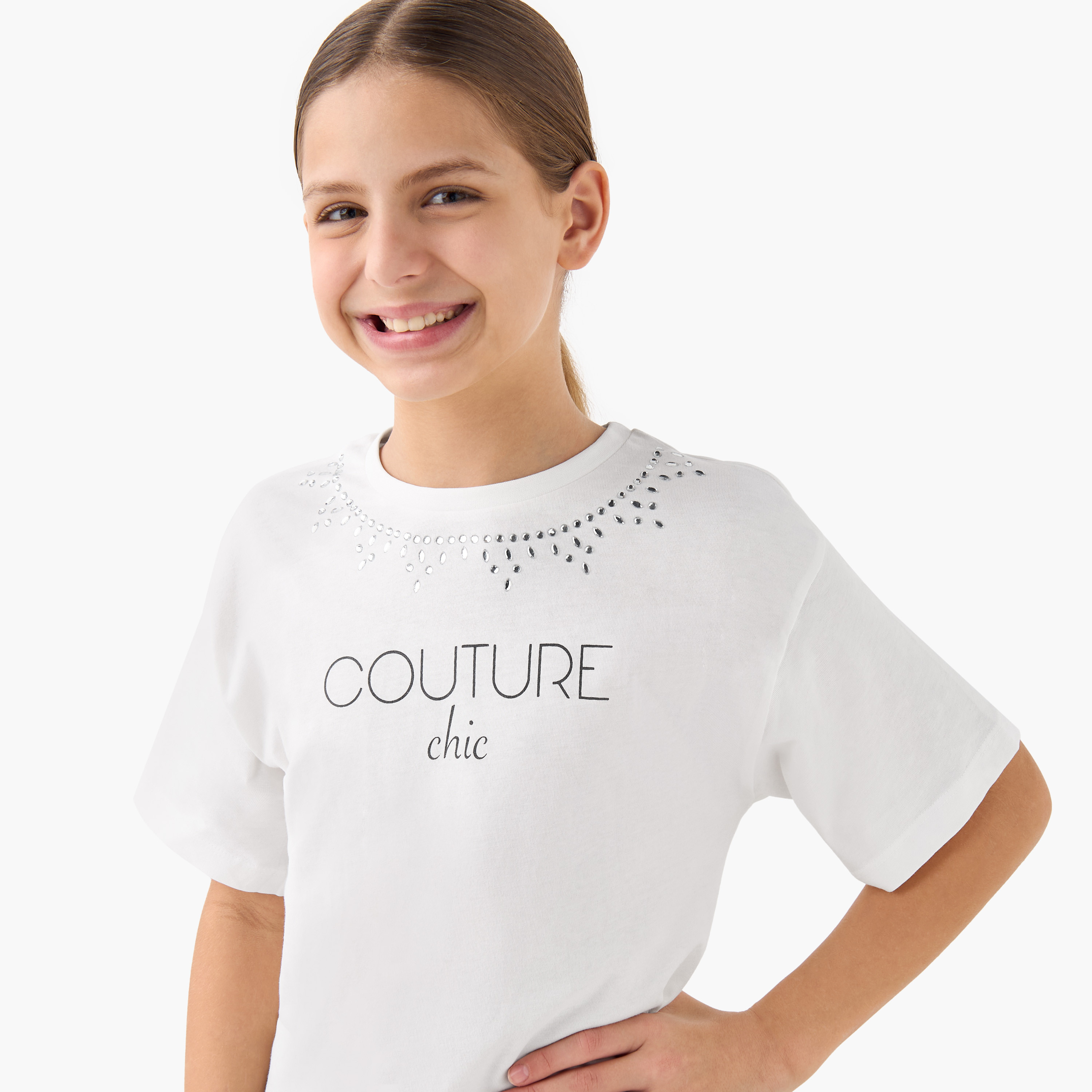 Lee Cooper Embellished Crew Neck T-shirt with Short Sleeves-girls-clothing-tshirts-image-4