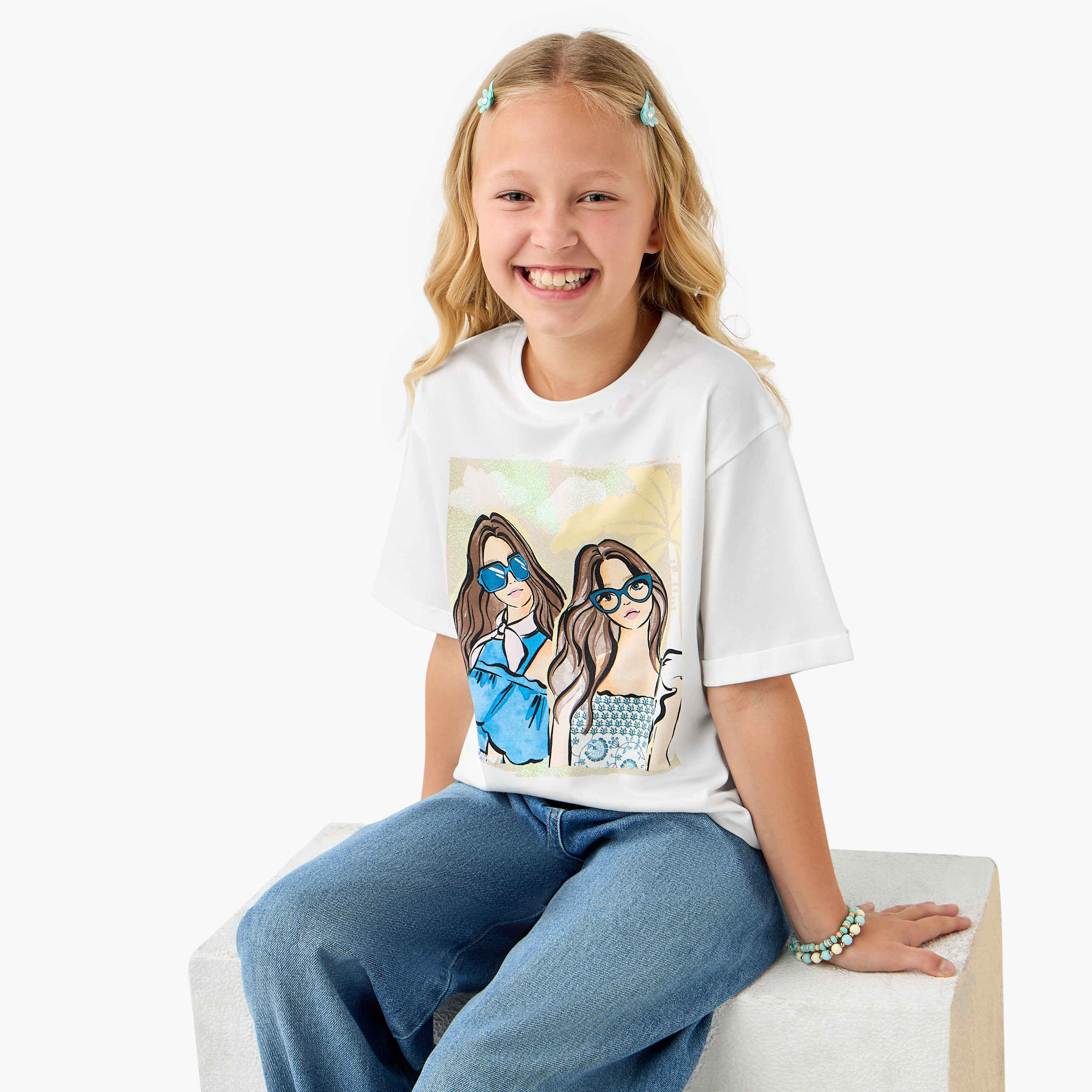 Lee Cooper Graphic Print Crew Neck T-shirt with Short Sleeves-girls-clothing-tshirts-image-1