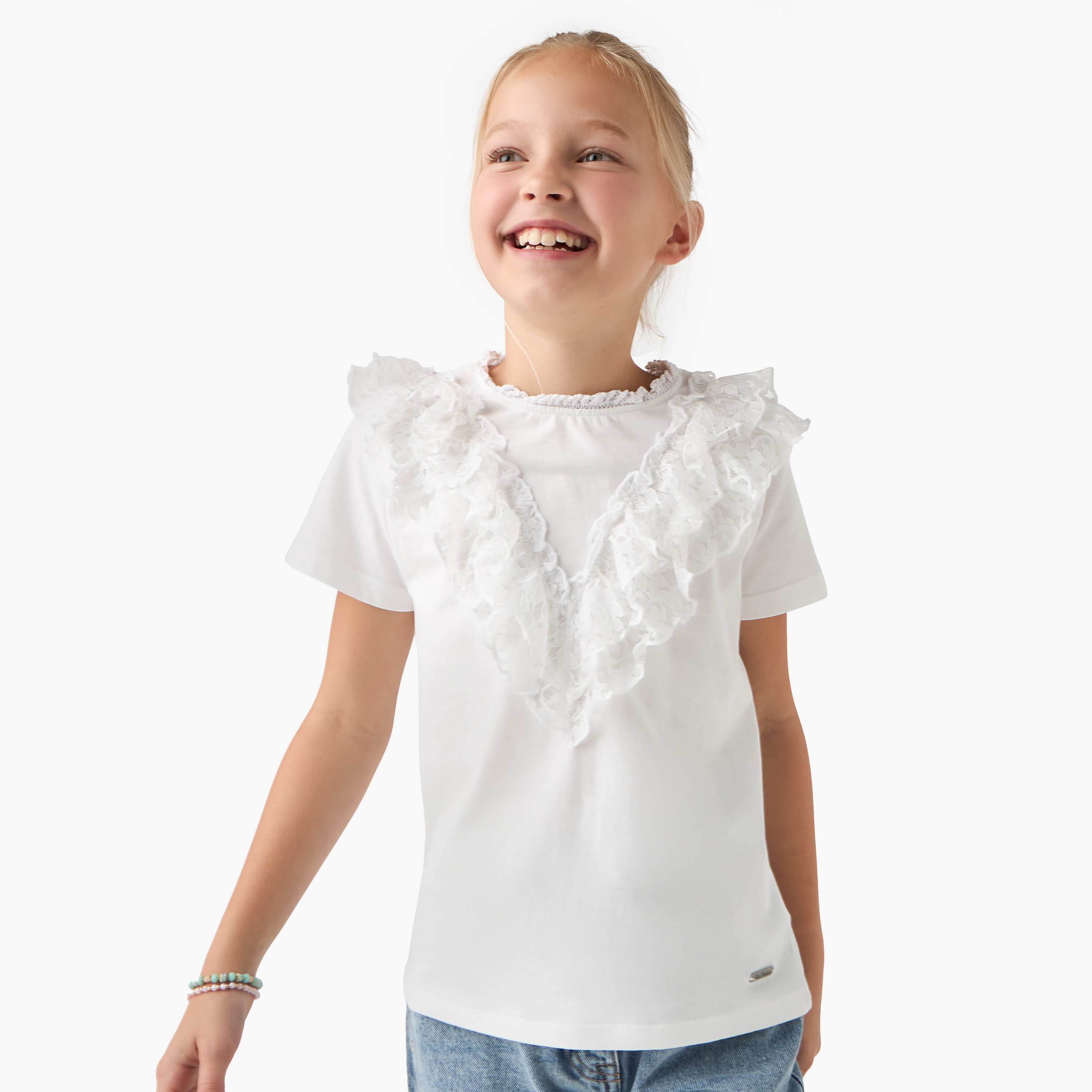 Lee Cooper Lace Detail Crew Neck T-shirt with Short Sleeves-girls-clothing-tshirts-image-1
