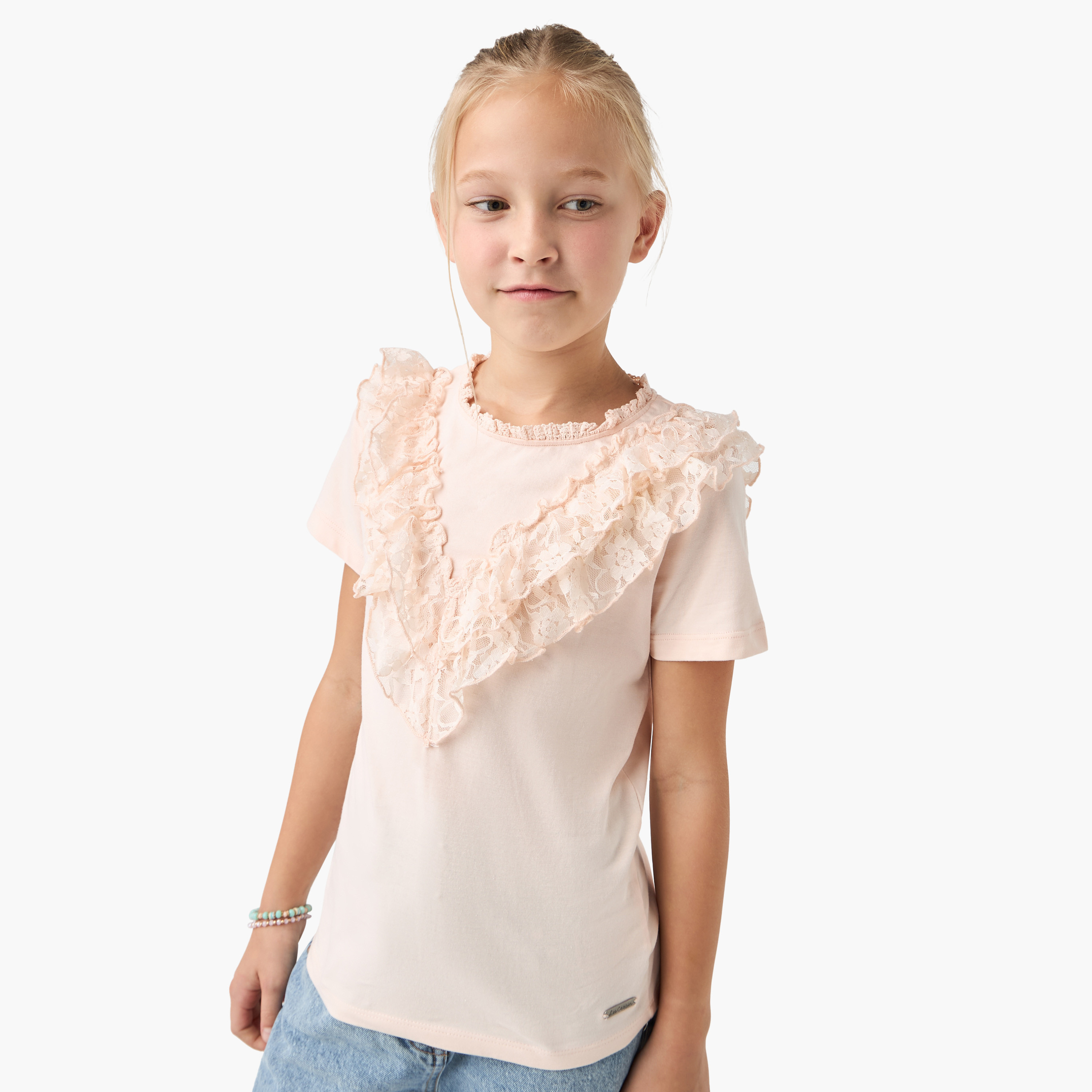 Lee Cooper Lace Detail Crew Neck T-shirt with Short Sleeves-girls-clothing-tshirts-image-1