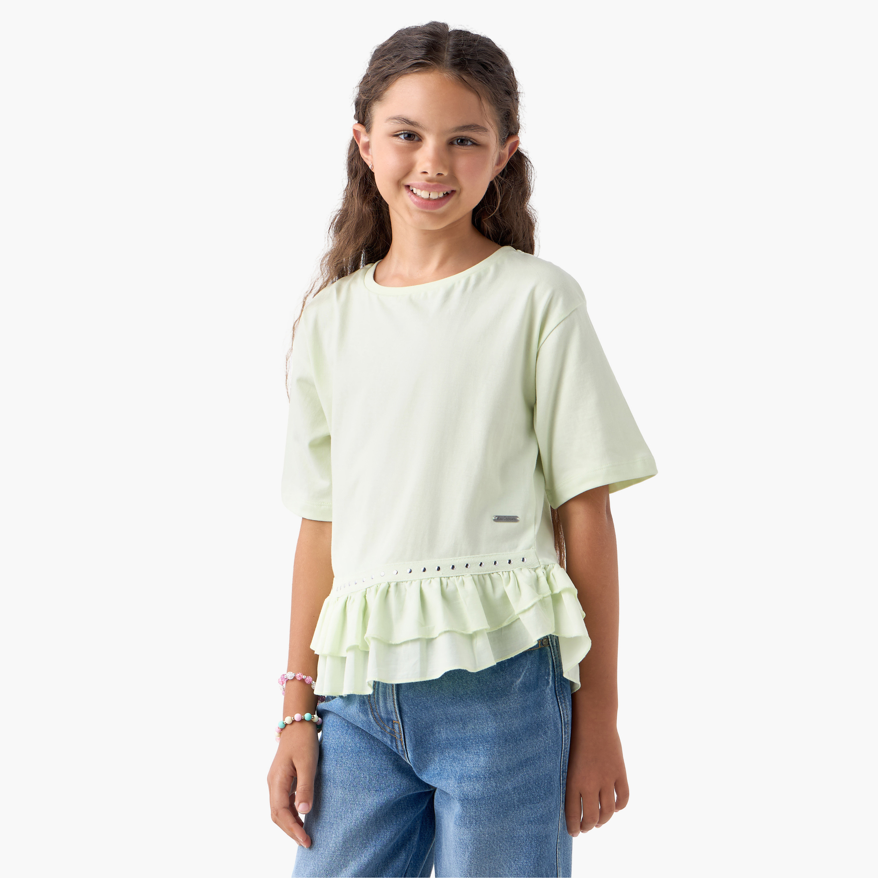 تيشيرت سادة بكشكش وأكمام قصيرة من لي كوبر-girls-clothing-tshirts-image-1