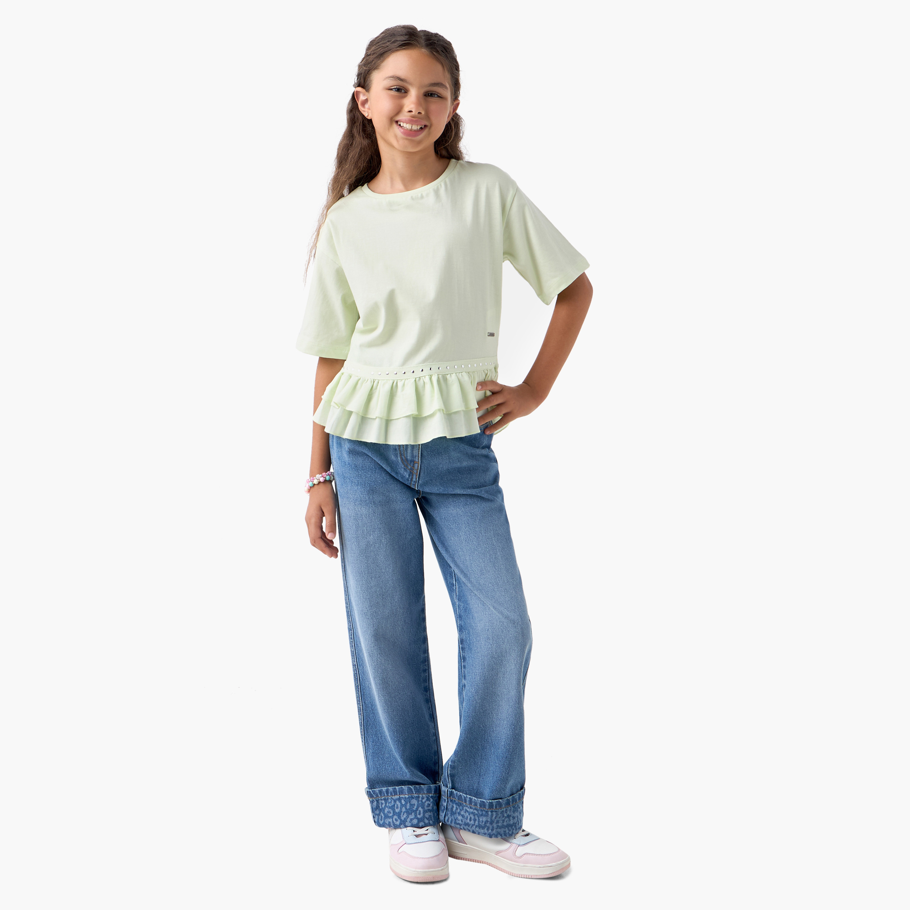 تيشيرت سادة بكشكش وأكمام قصيرة من لي كوبر-girls-clothing-tshirts-image-2