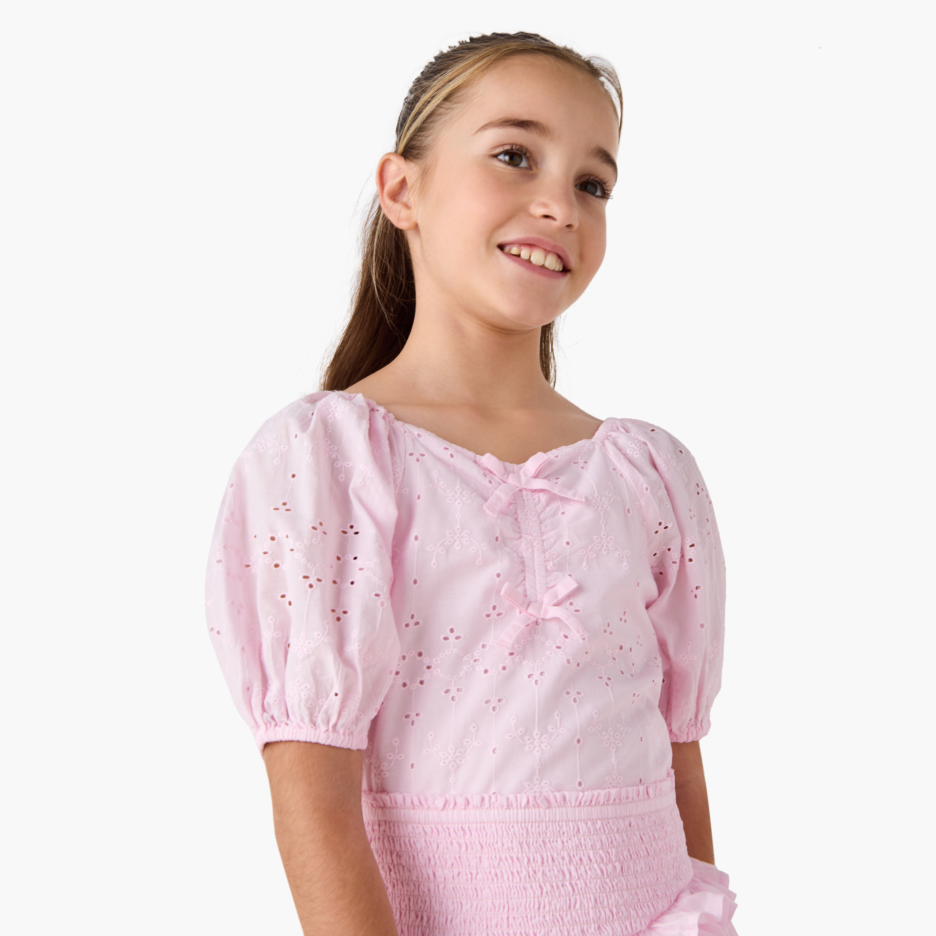 Lee Cooper Schiffli Textured Sweetheart Neck Top with Short Sleeves-girls-clothing-blousesandshirts-image-1