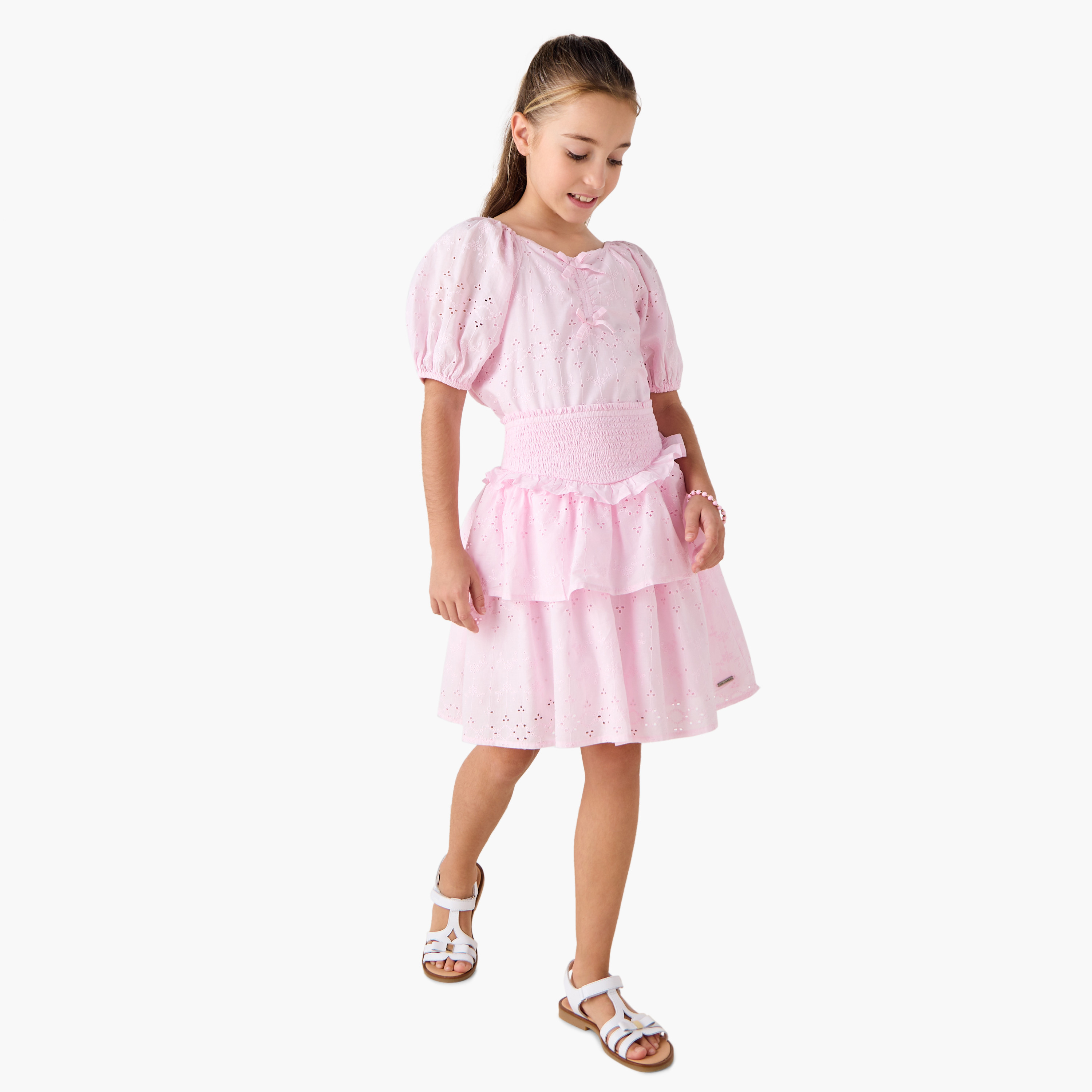 Lee Cooper Schiffli Textured Sweetheart Neck Top with Short Sleeves-girls-clothing-blousesandshirts-image-2