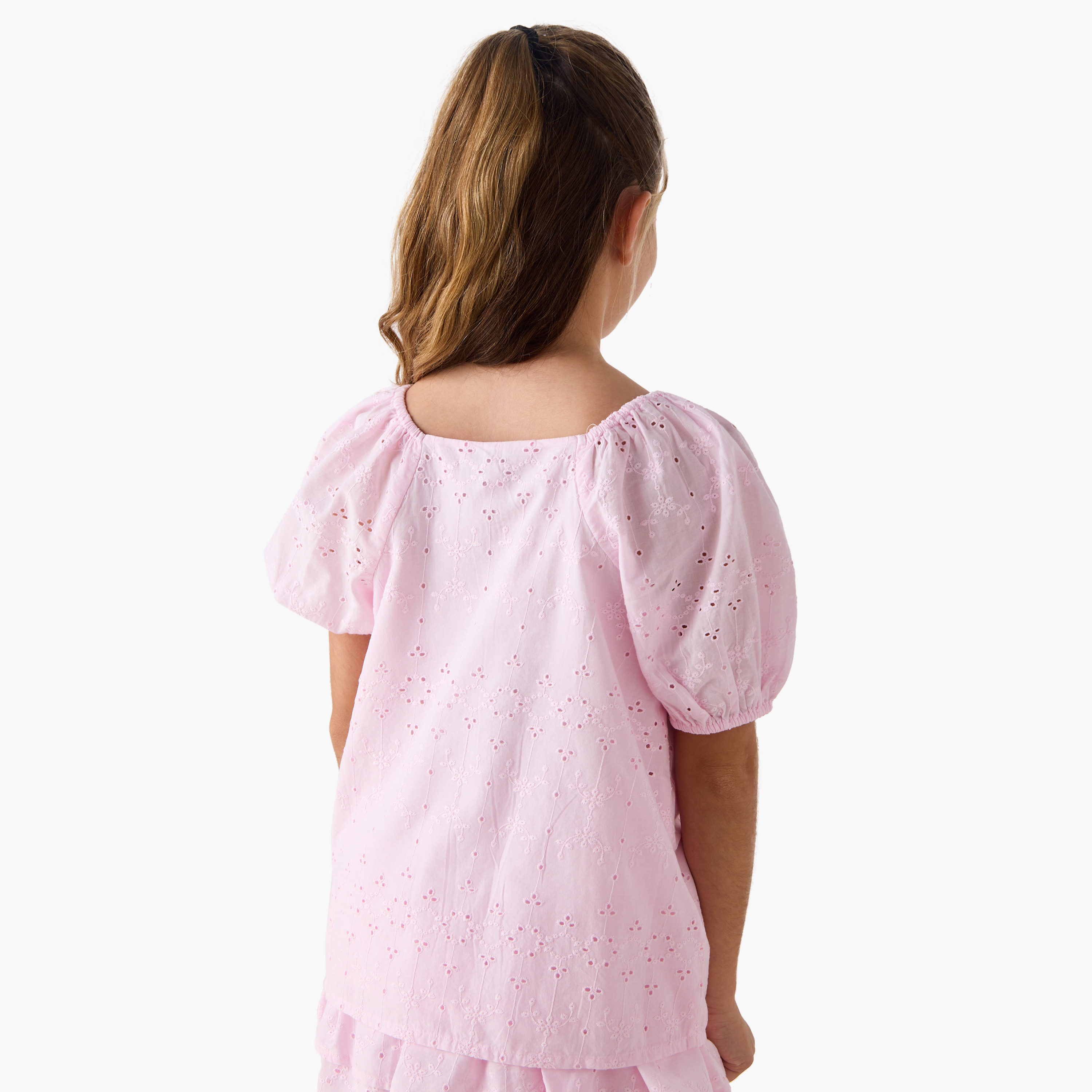 Lee Cooper Schiffli Textured Sweetheart Neck Top with Short Sleeves-girls-clothing-blousesandshirts-image-3