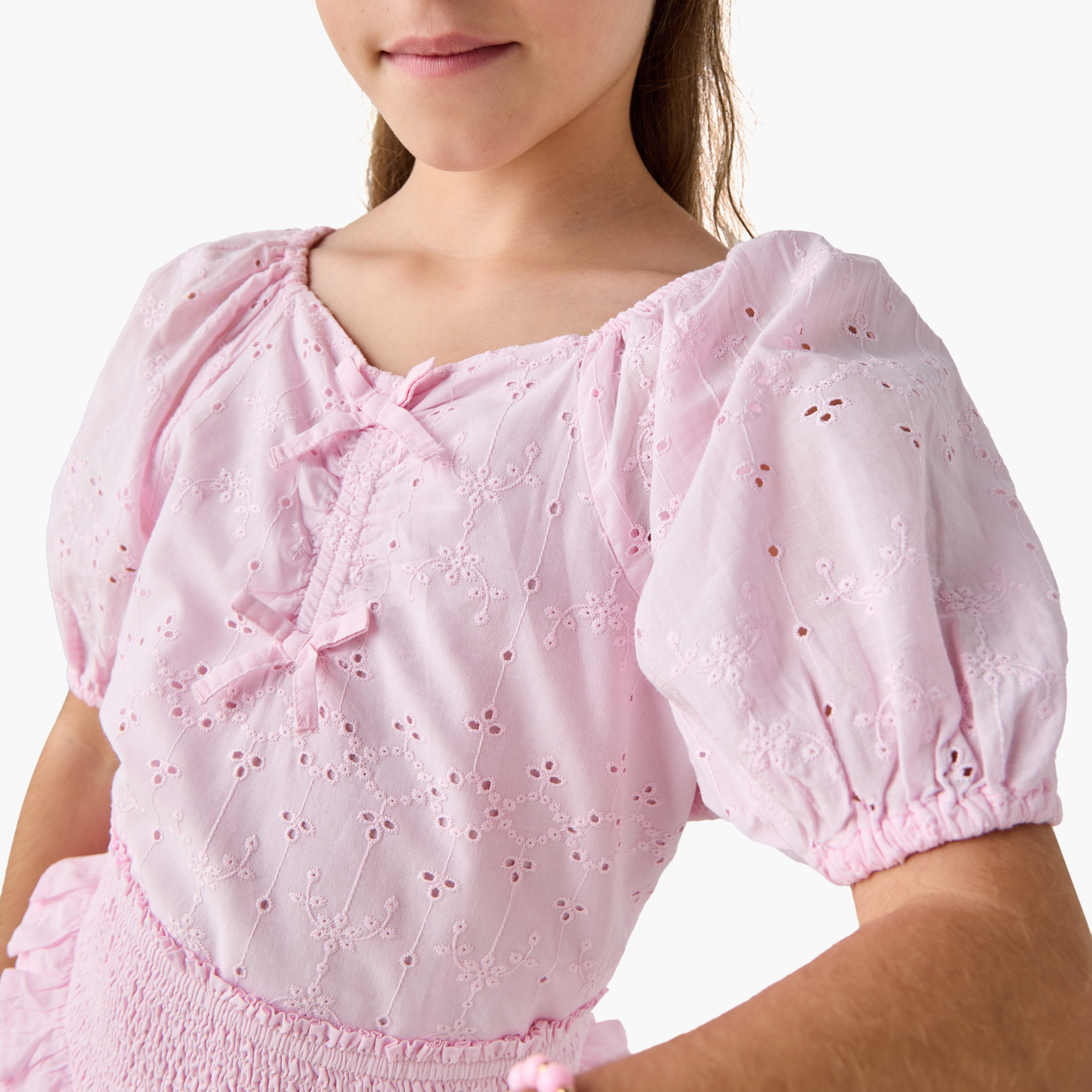 Lee Cooper Schiffli Textured Sweetheart Neck Top with Short Sleeves-girls-clothing-blousesandshirts-image-4