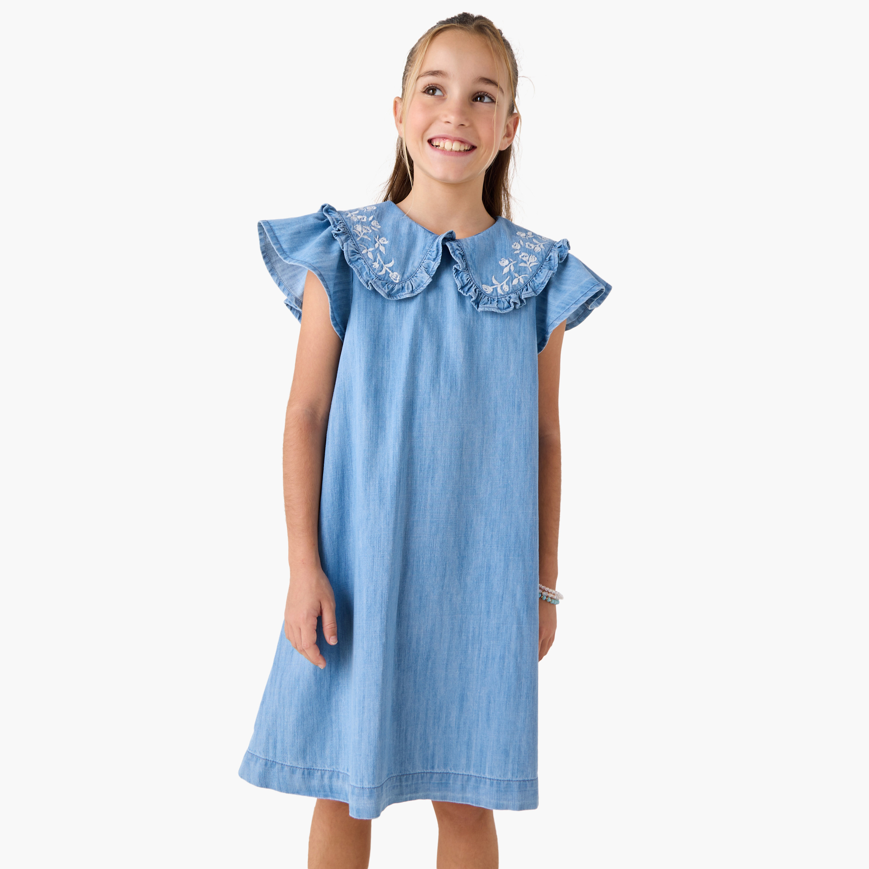 Lee Cooper Embroidered Denim Dress with Peter Pan Collar and Short Sleeves-girls-clothing-dressesandjumpsuits-image-1