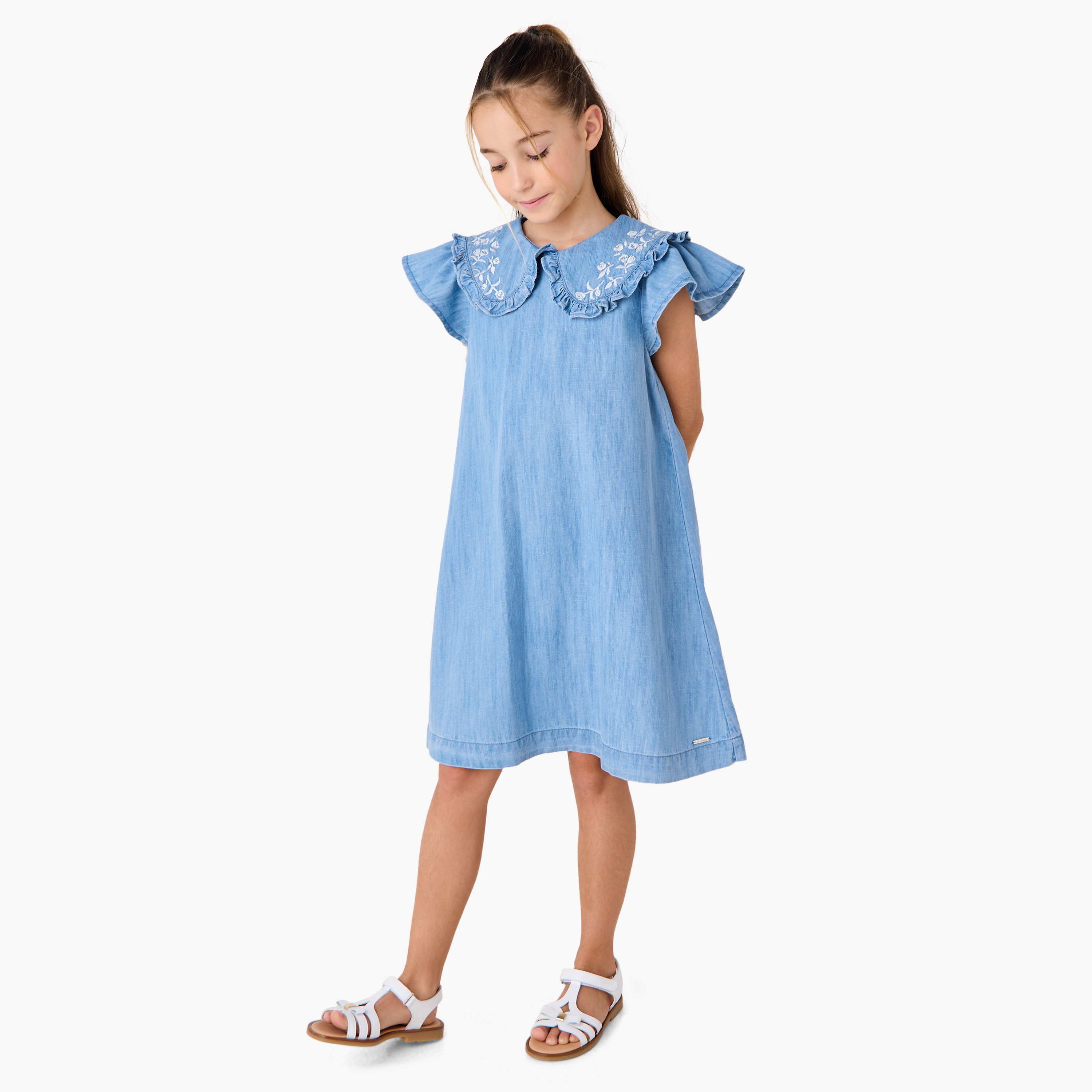 Lee Cooper Embroidered Denim Dress with Peter Pan Collar and Short Sleeves-girls-clothing-dressesandjumpsuits-image-2