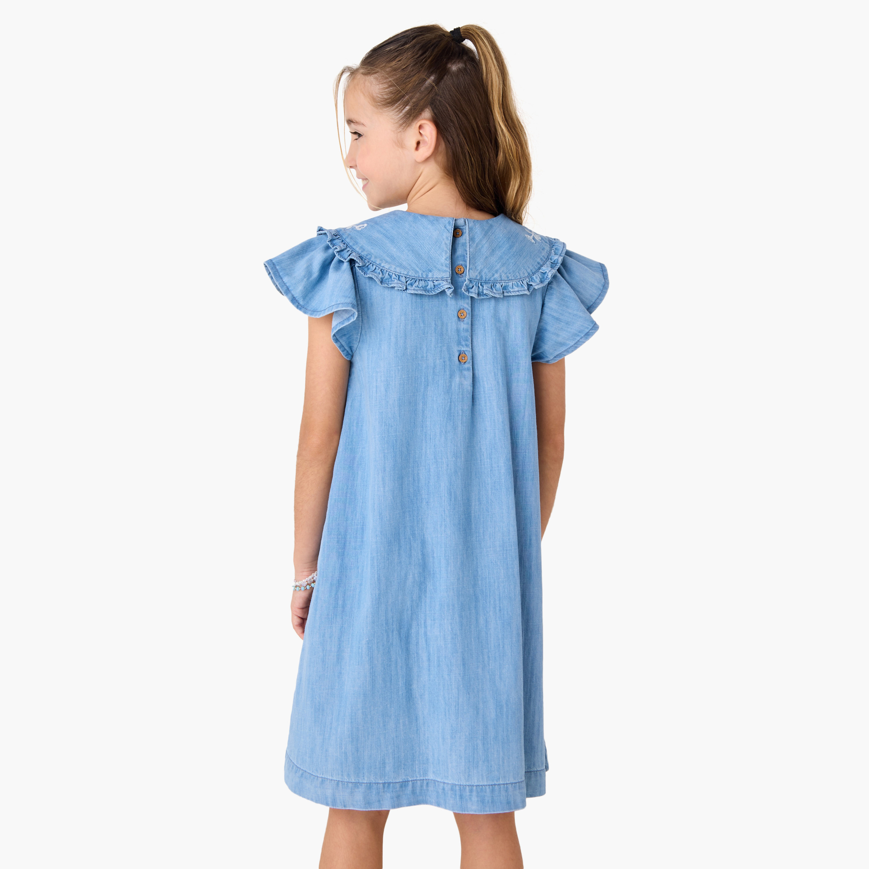 Lee Cooper Embroidered Denim Dress with Peter Pan Collar and Short Sleeves-girls-clothing-dressesandjumpsuits-image-3