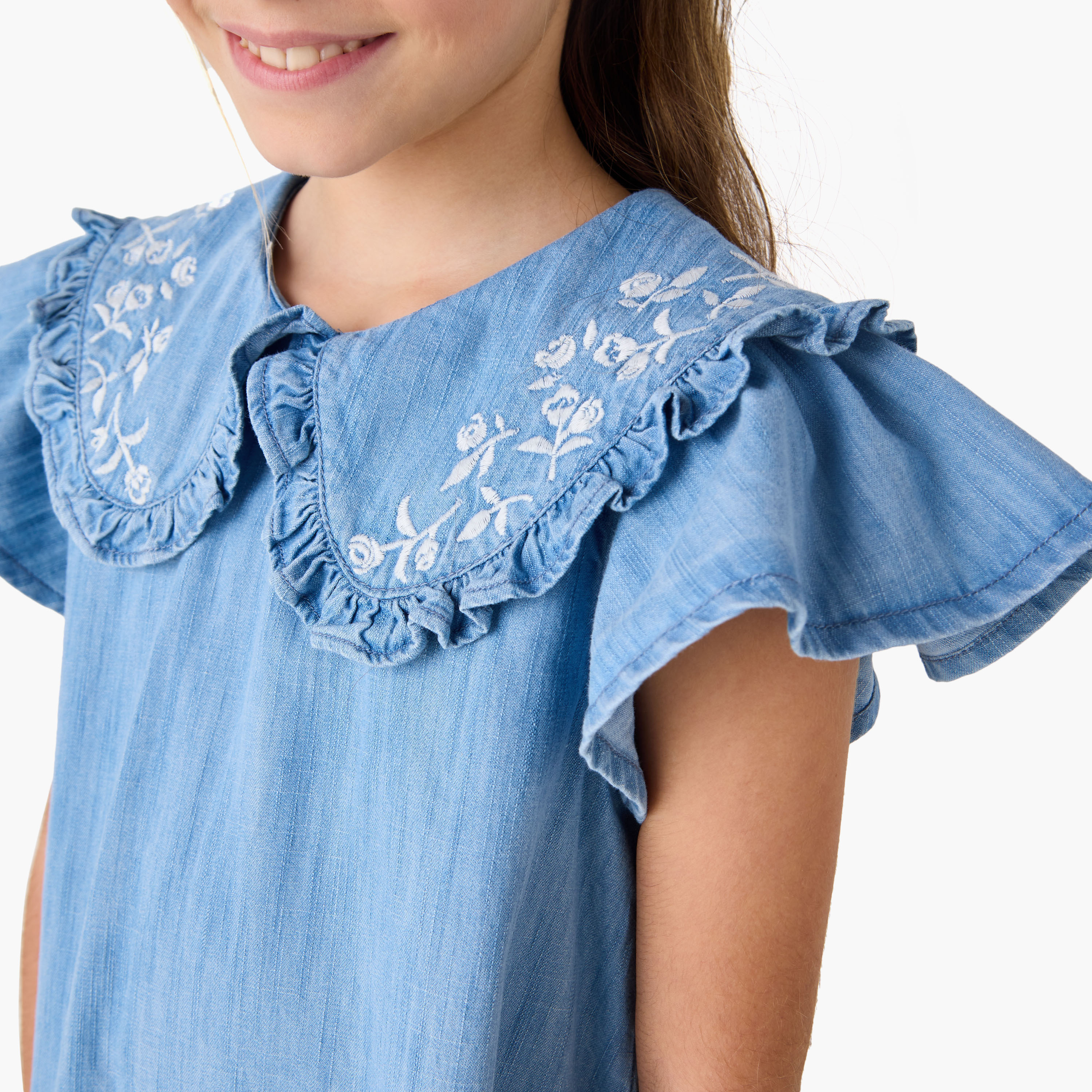 Lee Cooper Embroidered Denim Dress with Peter Pan Collar and Short Sleeves-girls-clothing-dressesandjumpsuits-image-4