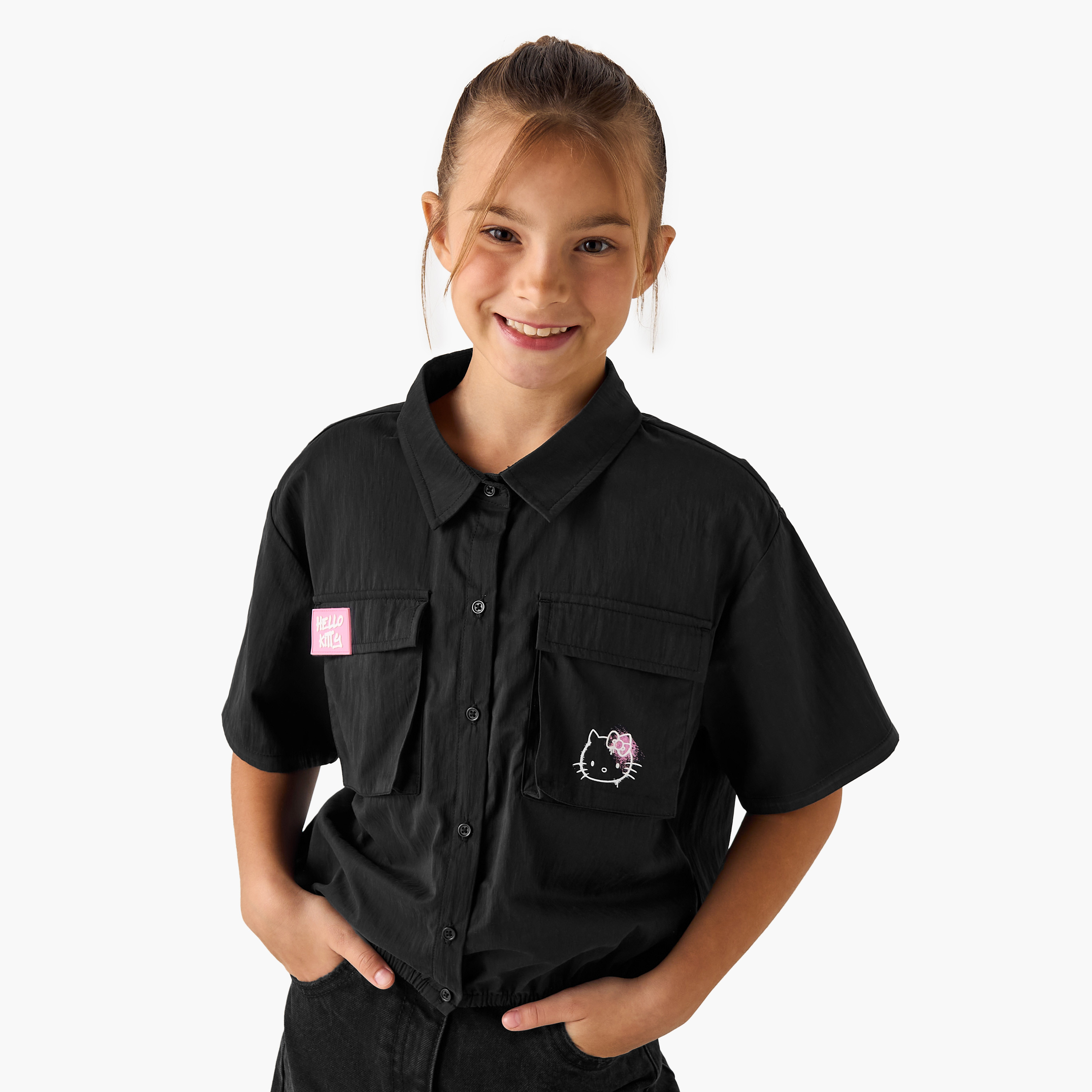 Sanrio Hello Kitty Embroidered Shirt with Button Closure and Front Pockets-girls-clothing-blousesandshirts-image-1