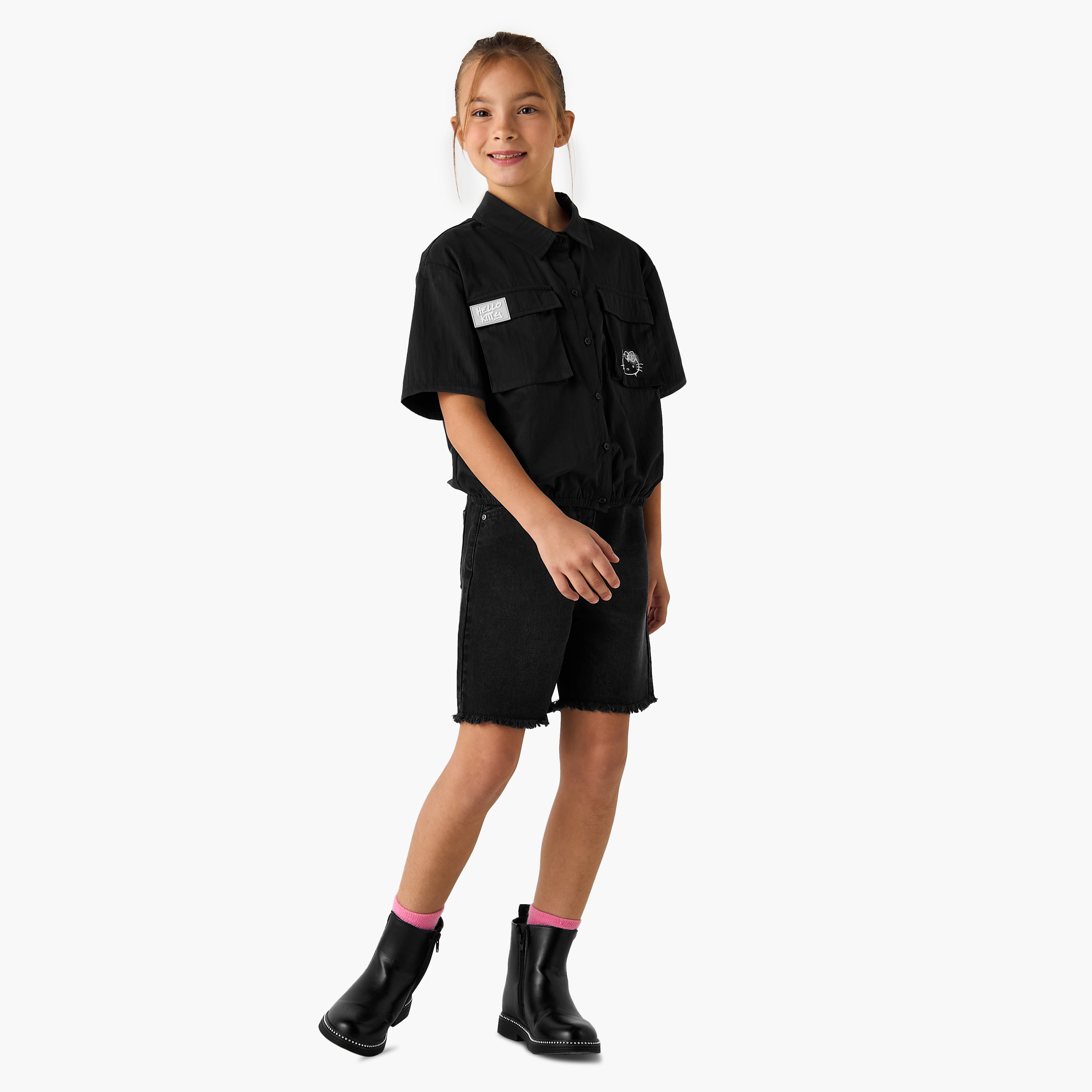 Sanrio Hello Kitty Embroidered Shirt with Button Closure and Front Pockets-girls-clothing-blousesandshirts-image-2