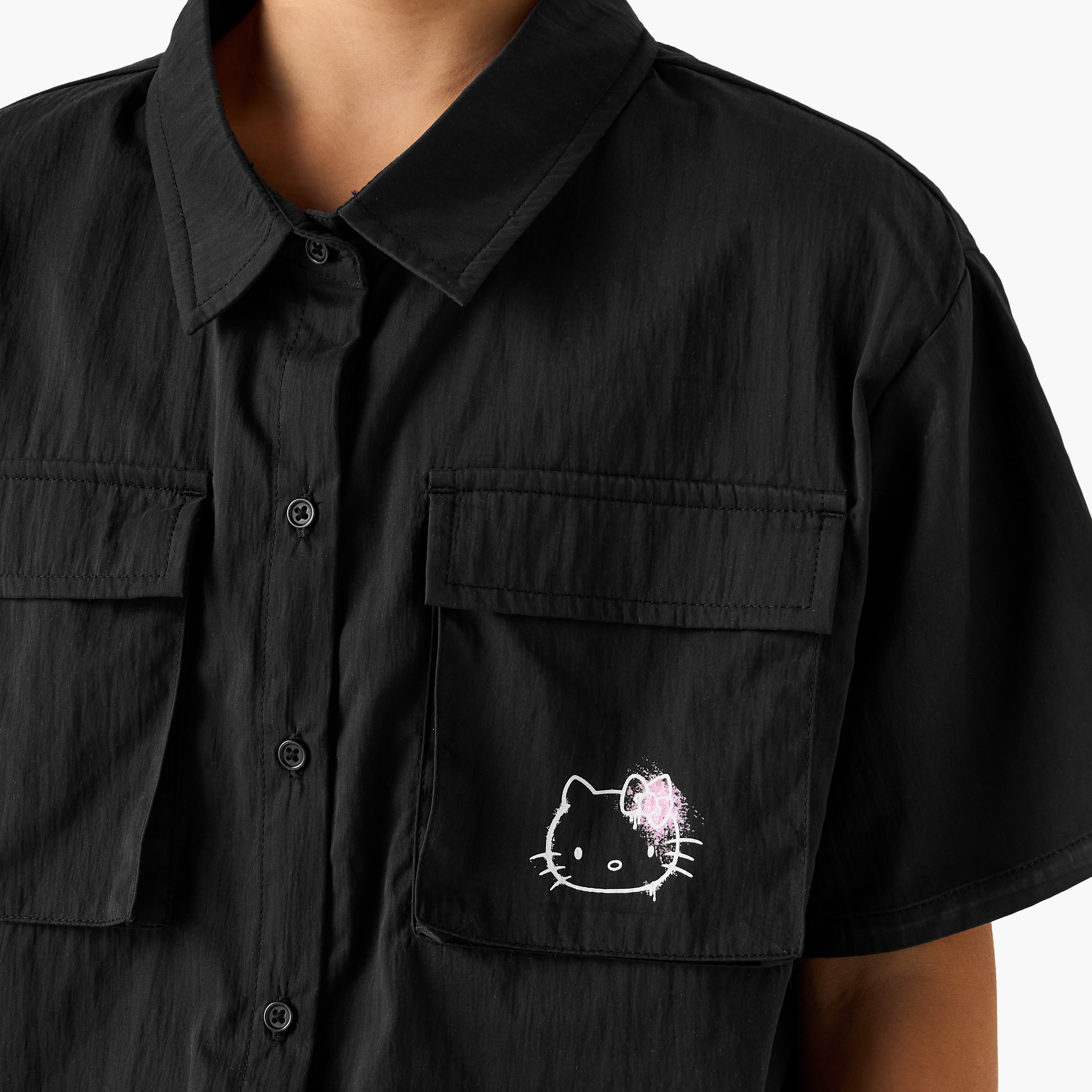 Sanrio Hello Kitty Embroidered Shirt with Button Closure and Front Pockets-girls-clothing-blousesandshirts-image-4