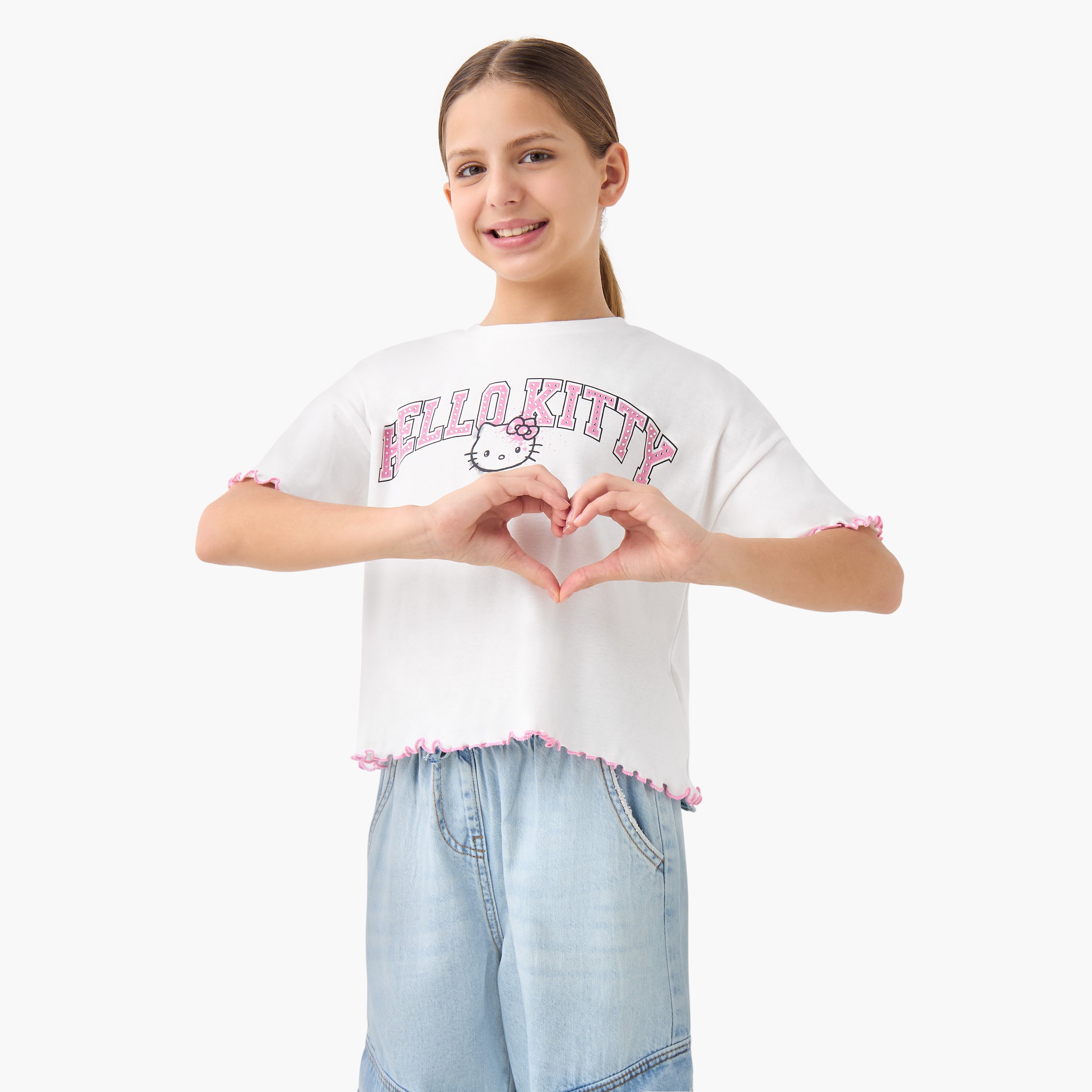 Sanrio Hello Kitty Print Crew Neck T-shirt with Short Sleeves-girls-clothing-tshirts-image-1