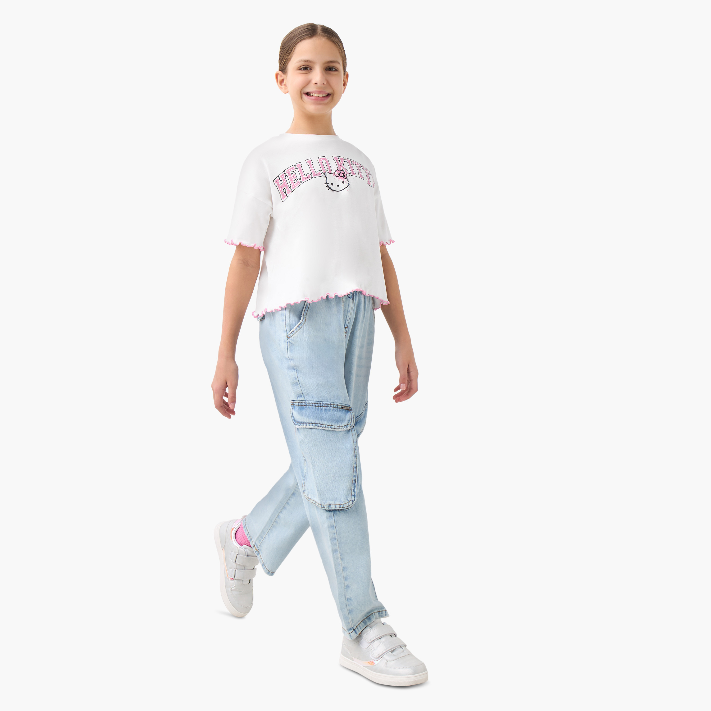Sanrio Hello Kitty Print Crew Neck T-shirt with Short Sleeves-girls-clothing-tshirts-image-2