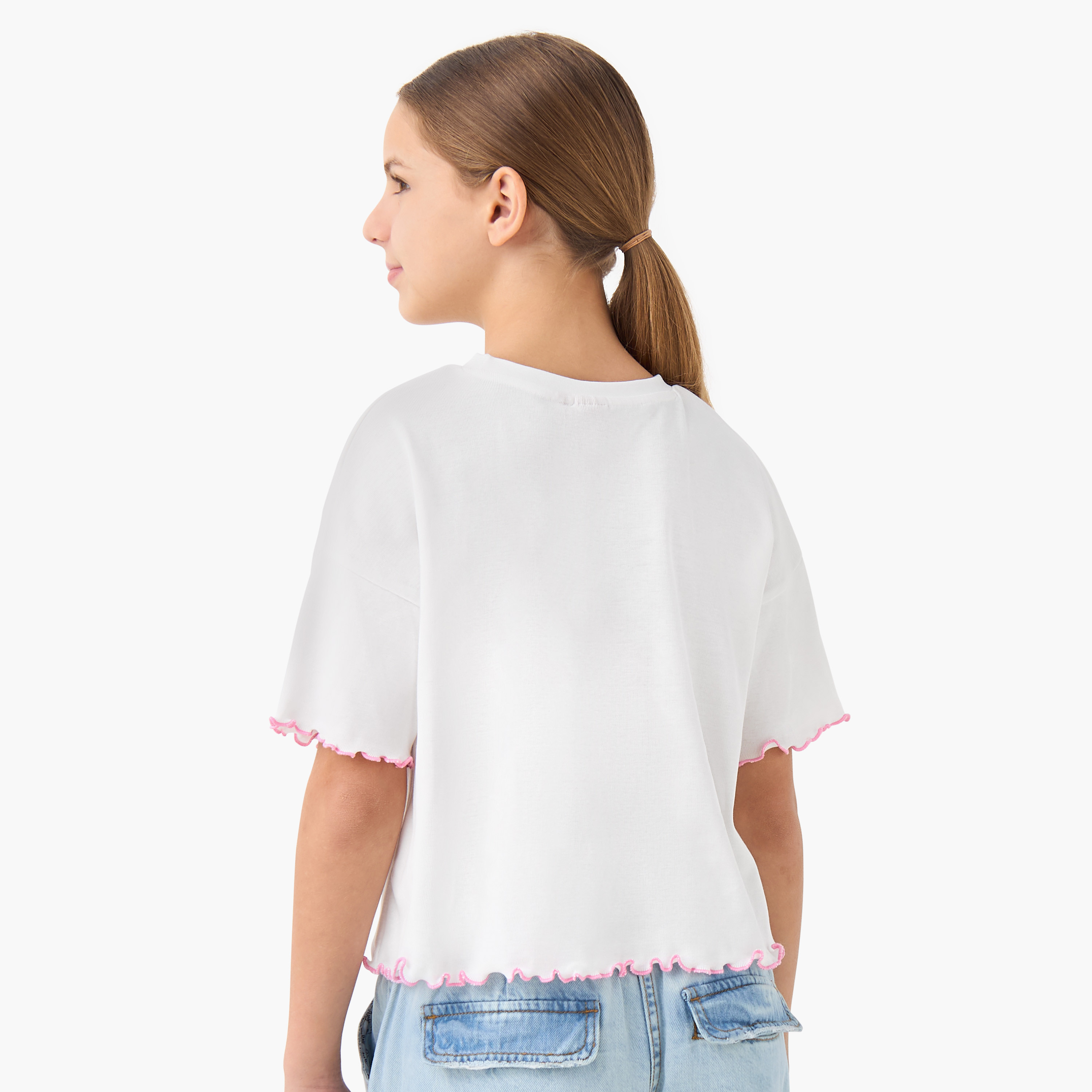 Sanrio Hello Kitty Print Crew Neck T-shirt with Short Sleeves-girls-clothing-tshirts-image-3