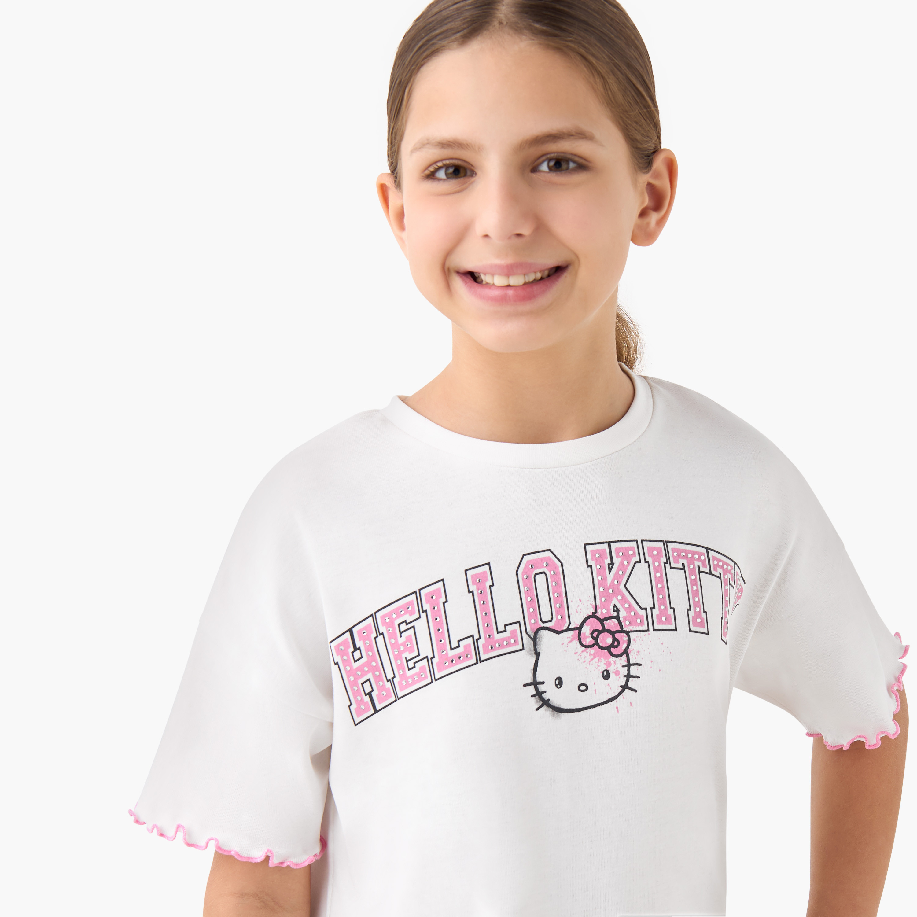 Sanrio Hello Kitty Print Crew Neck T-shirt with Short Sleeves-girls-clothing-tshirts-image-4