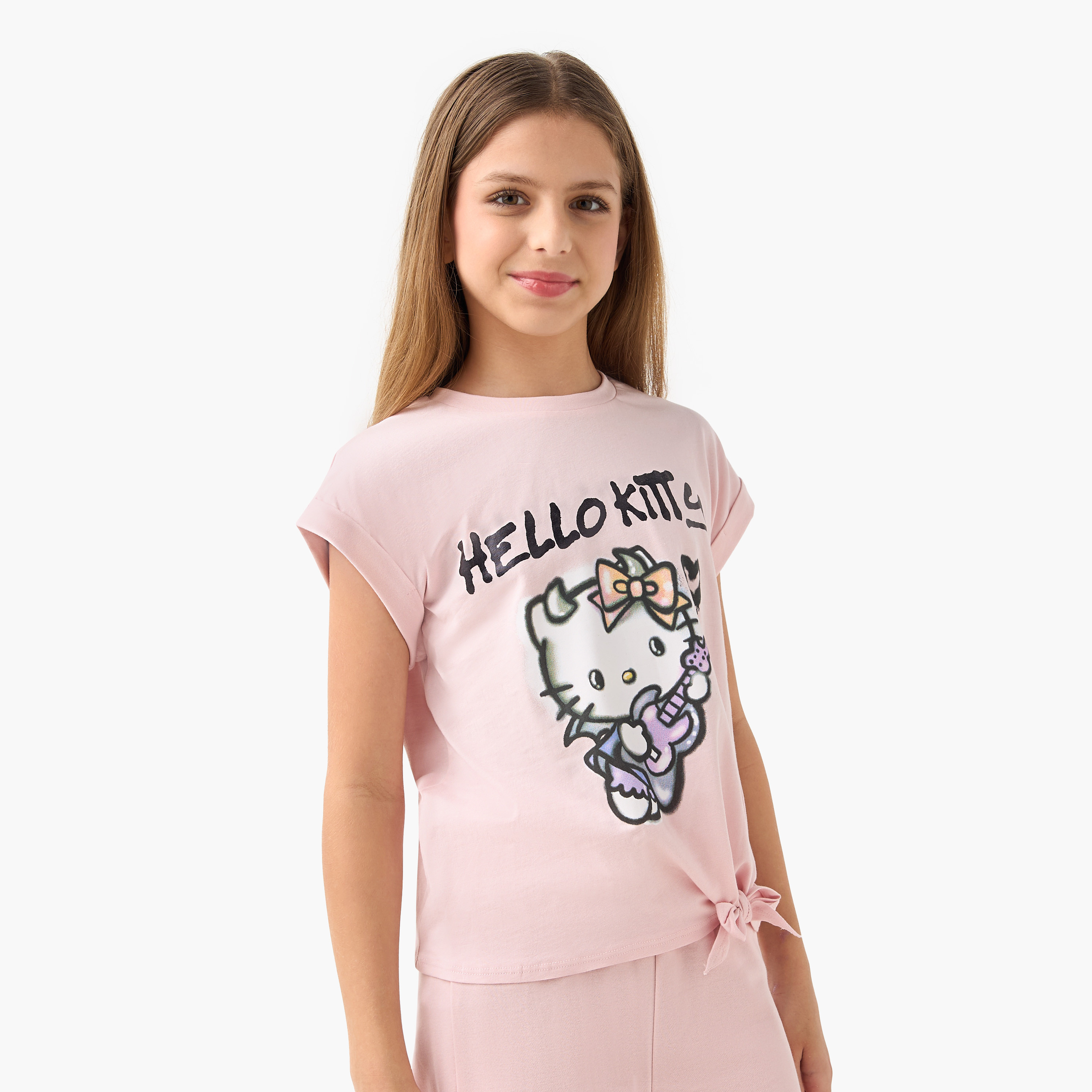 تيشيرت بأكمام قصيرة وعقدة وطبعات هالو كيتي من سانريو-girls-clothing-tshirts-image-1