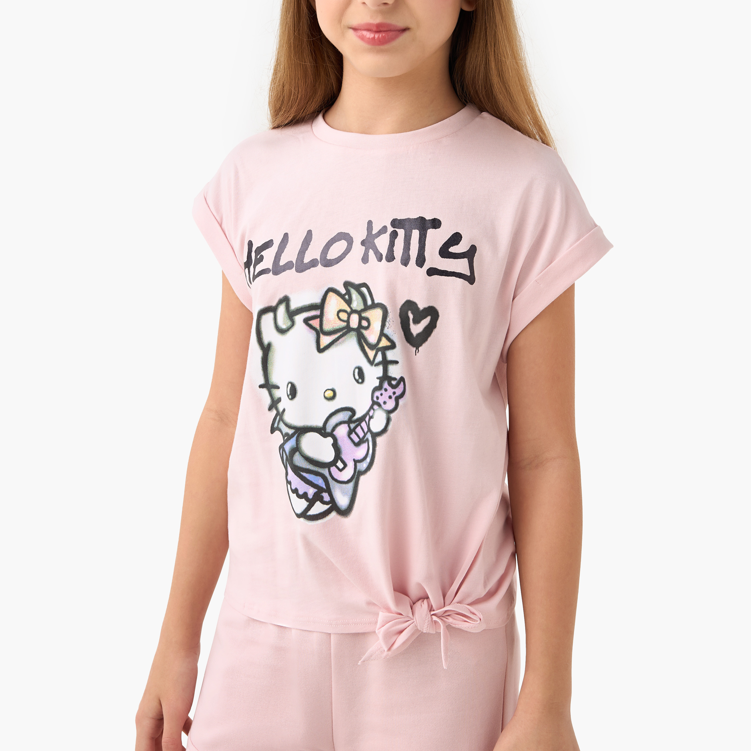 تيشيرت بأكمام قصيرة وعقدة وطبعات هالو كيتي من سانريو-girls-clothing-tshirts-image-4